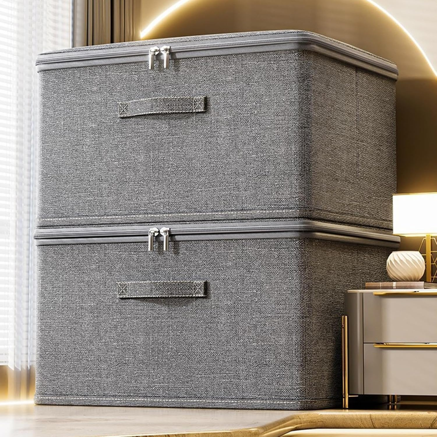 Gihioue Closet Quilt Organiser with Lid, 2 Large Storage Boxes with Zip Lid, Cupboard Basket with Handles for Organising Toys and Clothes image number 2