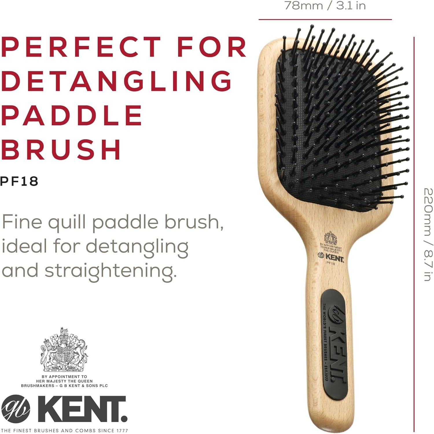 Kent Paddle Hair Brush with Non Scratch Ball-Tipped Nylon Quills, Medium image number 3