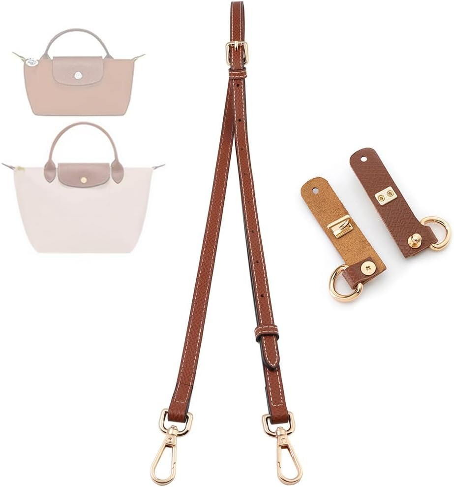 Le PLIAGE Replacement Crossbody Strap, Punch-Free Leather Shoulder Strap for Small Bag, Handbag, Clutch - Brown-Silver