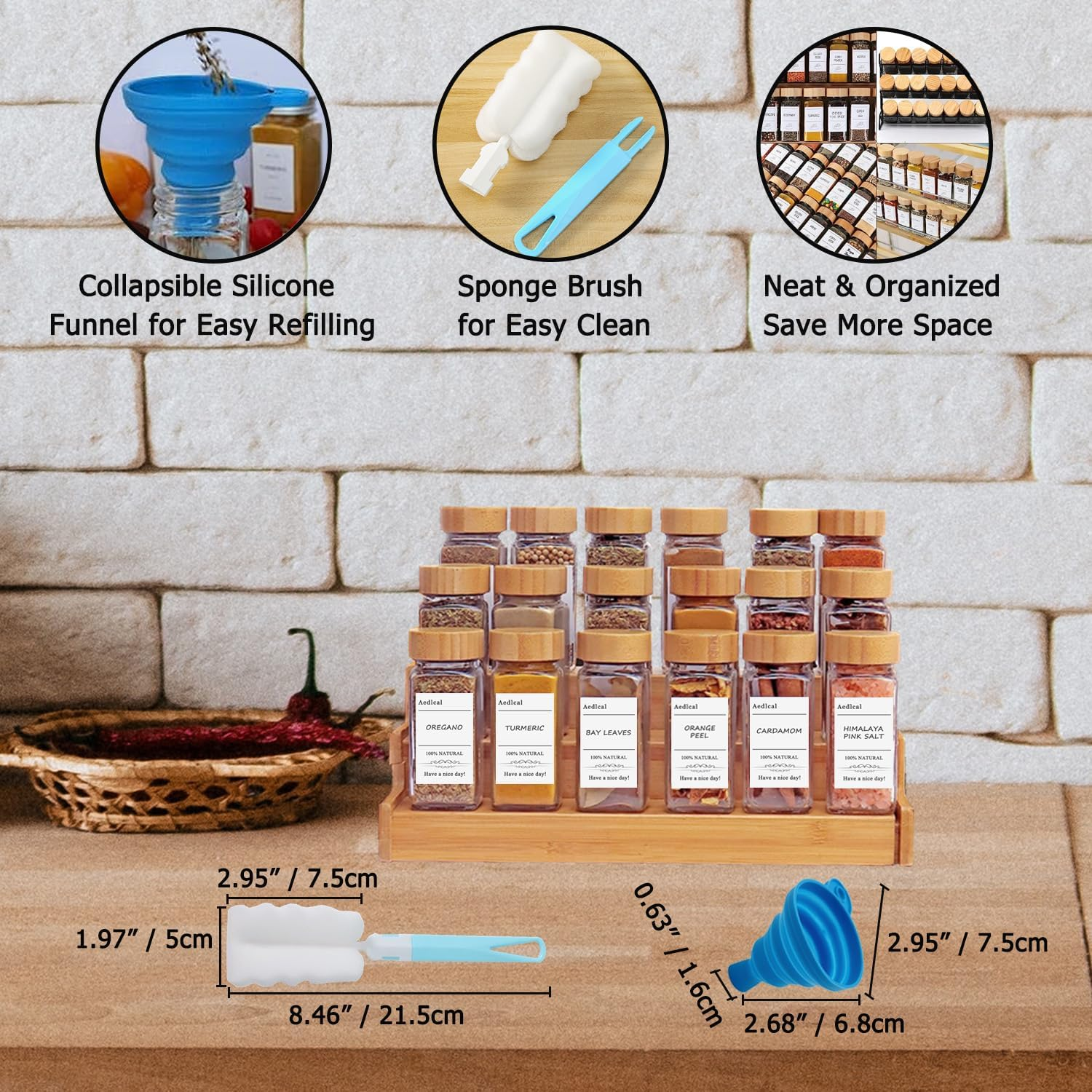 Aedlcal Glass Spice Jars, 6 Pack 4Oz Spice Containers with Bamboo Lids, Seasoning Containers for Kitchen Cabinet, Airtight Sealed Seasoning Storage Bottles with Labels, Shaker Lids, Brush, Funnel (12 Pack) image number 2