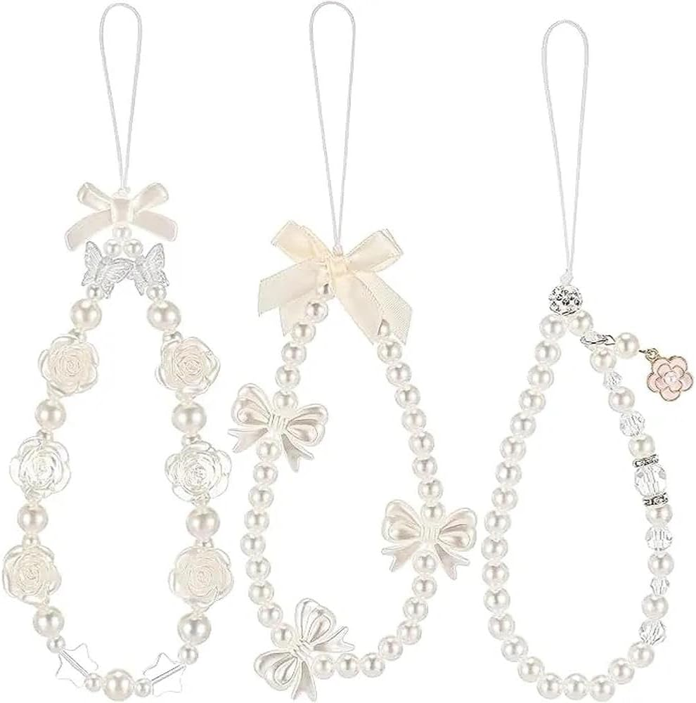 Trendy Butterfly Bow Knot Beaded Phone Charm, Faux Pearl Lanyard, Cute Aesthetic Flower Wrist Strap, Compatible with Phones, Bags, Keychains, & More - Haheihei