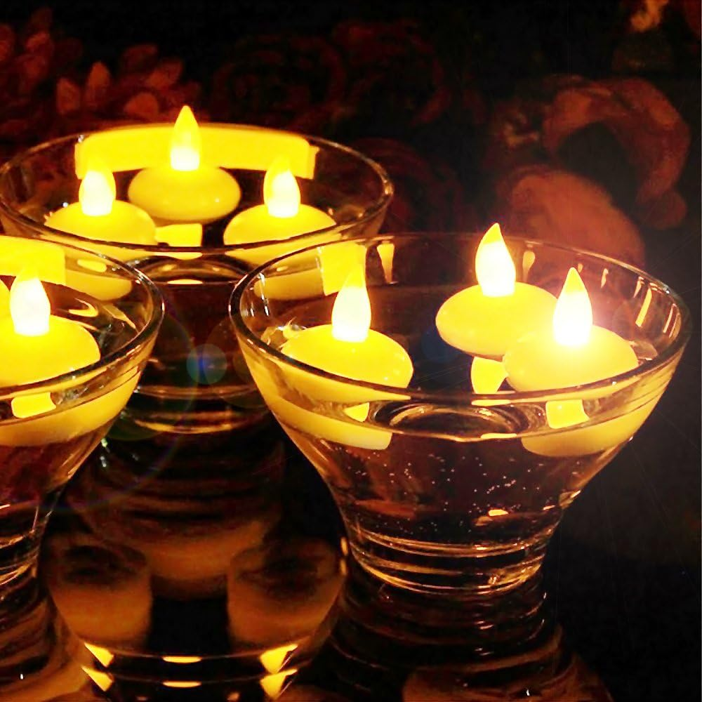 Novelty Place 12Pcs Waterproof Flameless Floating Tealights, LED Floating Candles Warm Yellow Flickering Tea Lights - Battery Operated Candles Decoration for Wedding, Christmas, Party, Pool, Pond image number 1