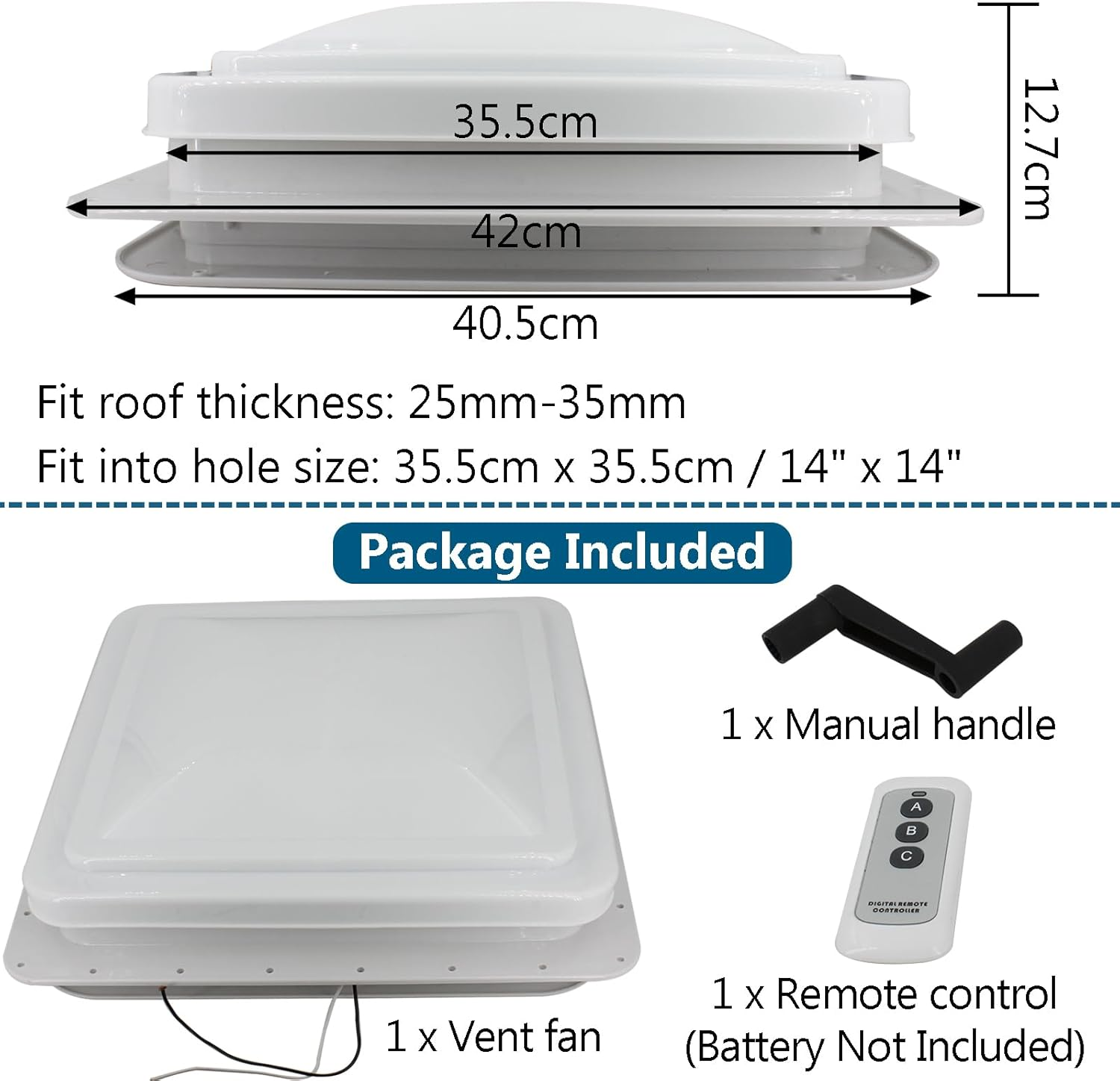Acbbmns 14 Inch RV Roof Vent Fan 12V Hatch Air Exhaust Fan, Roofs Air Ventilation Fan for Camper, Trailer, Caravan, Motorhome, White image number 1