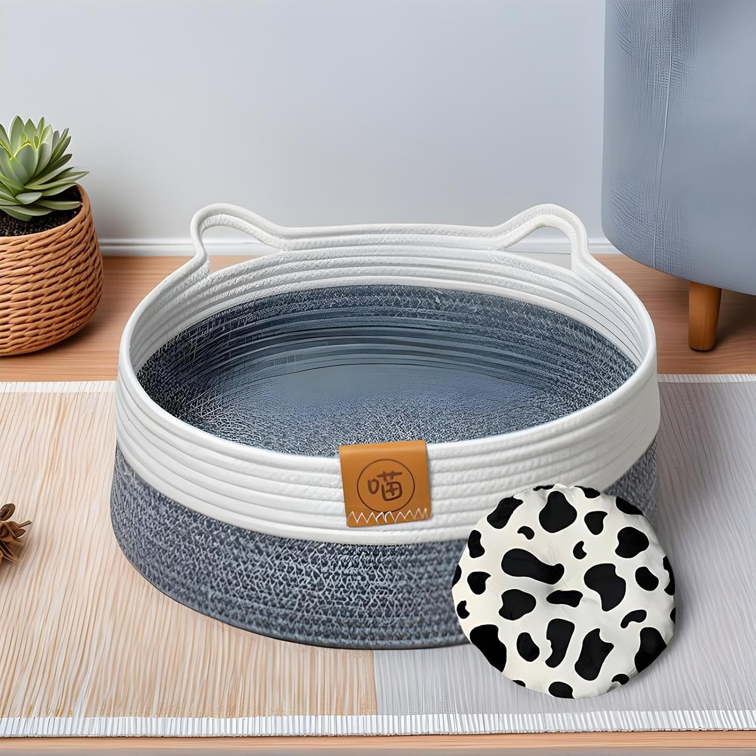Cat Basket Bed | Cotton Rope Pet Supplies with Mat | Cute Kitten Bed Cat Basket | for Kitten Bunny Small Dog Pet Animal Toy Snack Storage Indoor Bedroom Living Room Dorm image number 4
