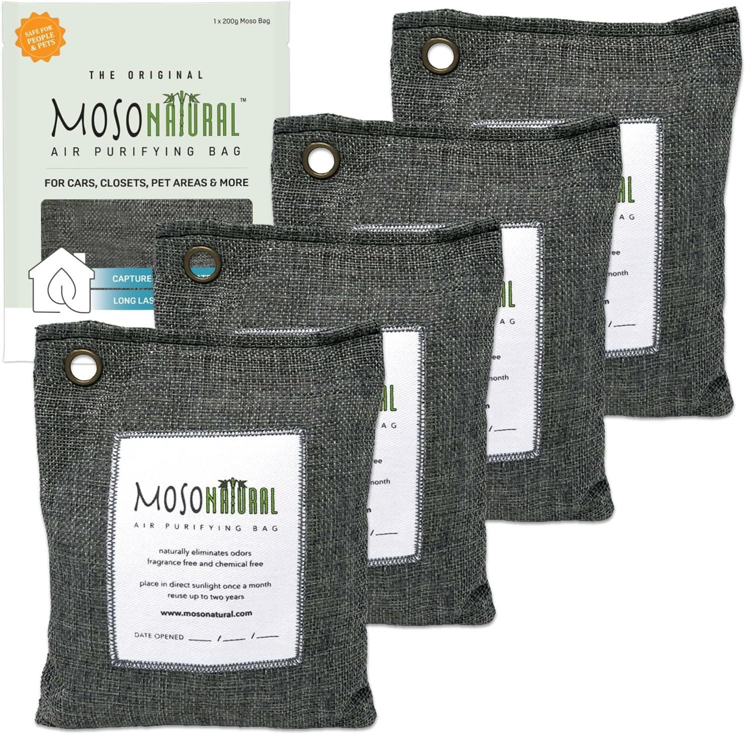 MOSO NATURAL: the Original Air Purifying Bag. for Cars, Closets, Bathrooms, Pet Areas. an Unscented, Chemical-Free Odor Eliminator. 200G 4 Pack (Charcoal) image number 3