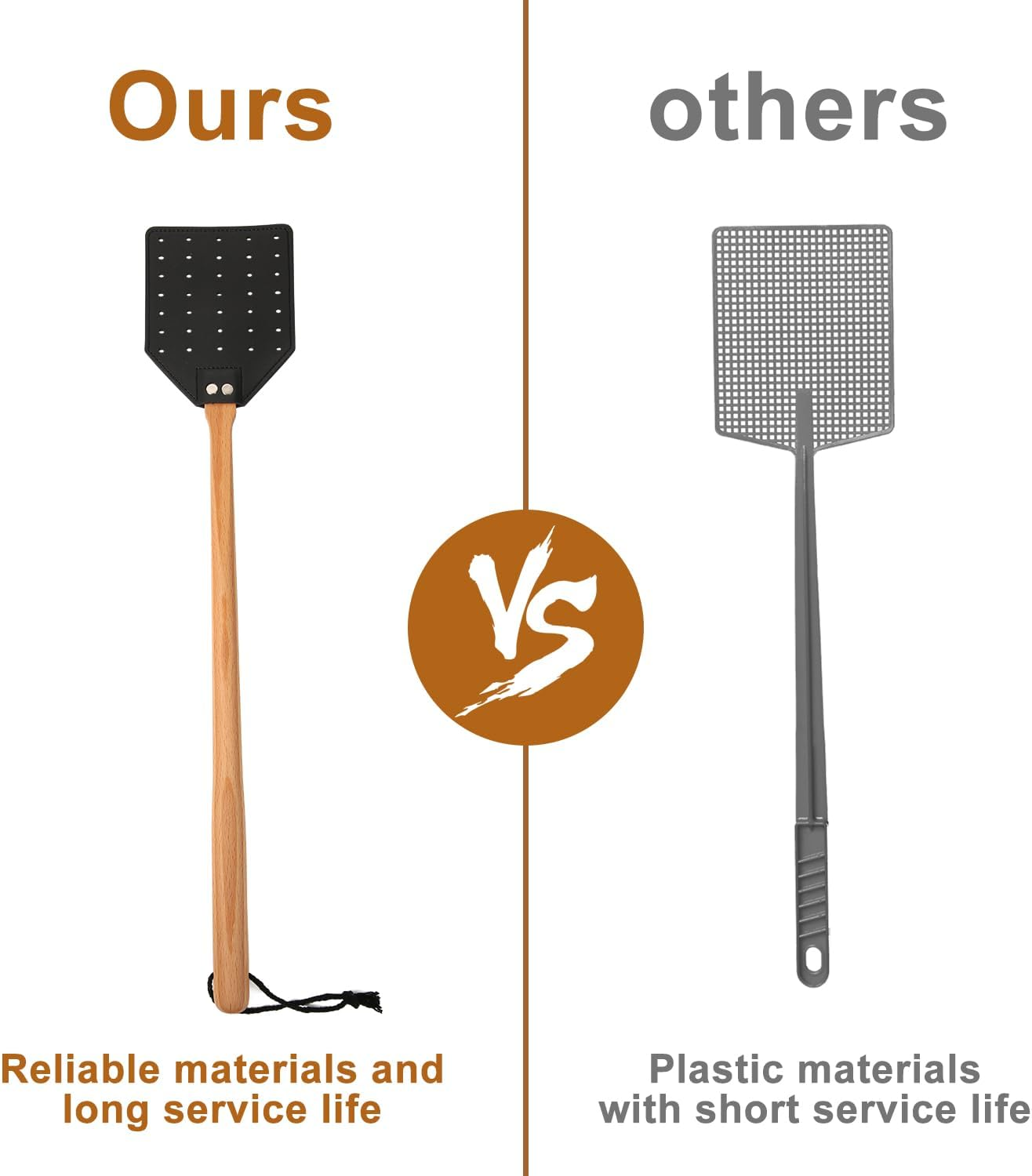 2Pcs Leather Fly Swatter, Manual Heavy Duty Fly Swatter with Long Wood Handle and Hanging Rope Durable Fly Swatter Catcher Wasp Swatter for Indoor Outdoor Home Fly image number 1