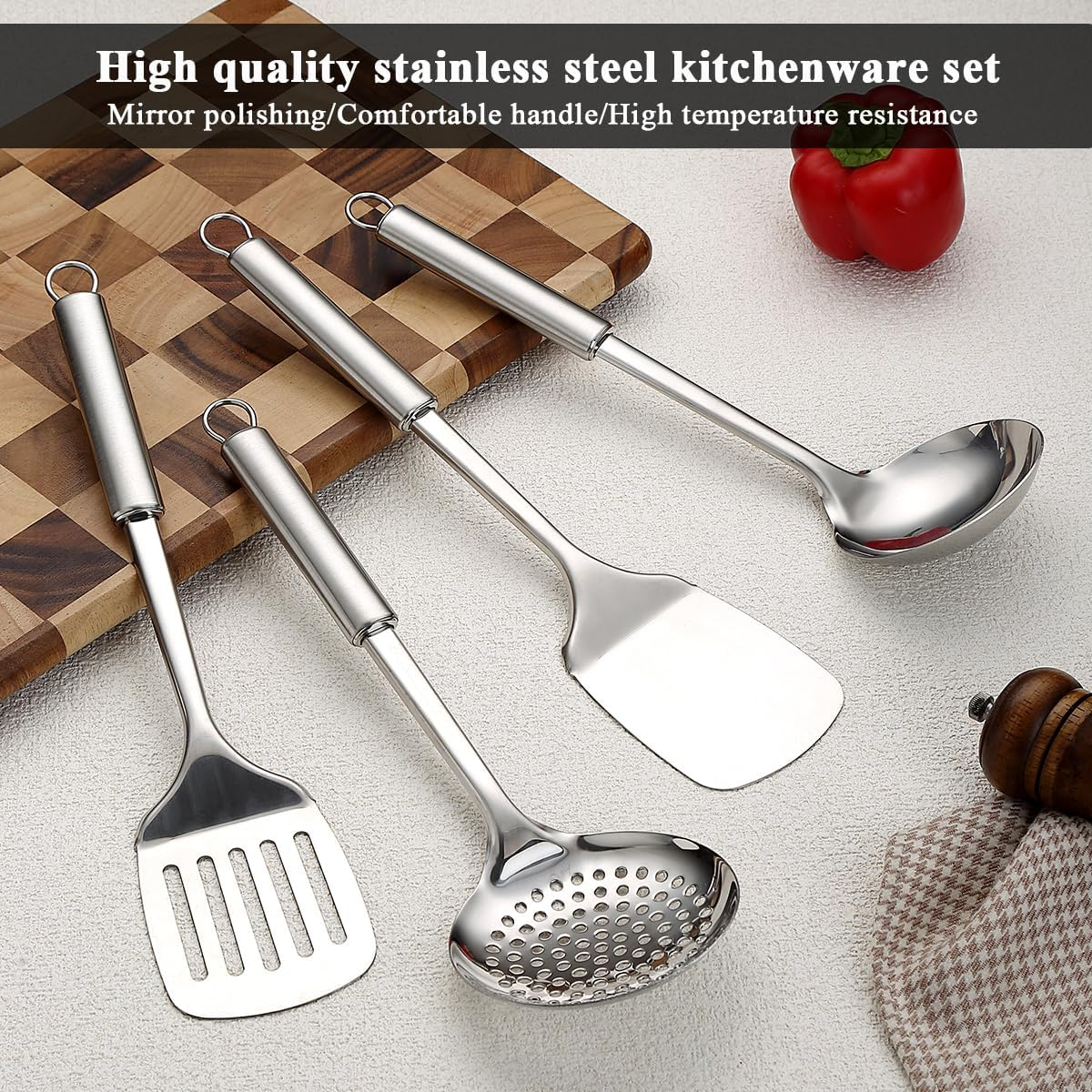Reanea Stainless Steel Cooking Utensils Set 4 Pieces, Kitchen Tools Set Include Metal Spatula Set, Kitchen Skimmer, Soup Ladle, Kitchen Gadgets Essentials New Home Must Have image number 6