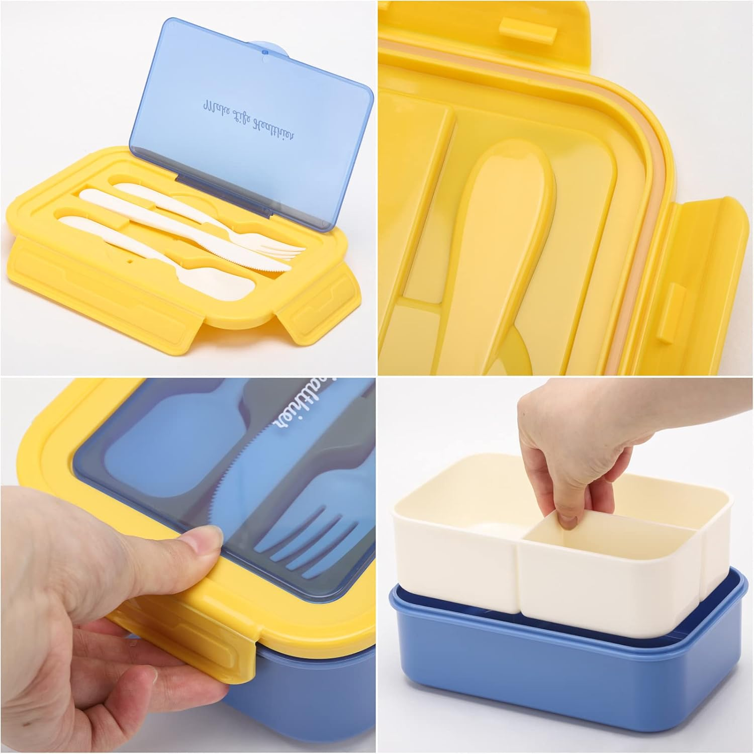 1100 ML 3-Compartment Bento Box Lunchbox with Utensil Set, Lunch Box Containers for Kids and Adults, Microwave/Dishwasher/Refrigerator Safe, BPA Free - Blue - Blue image number 3