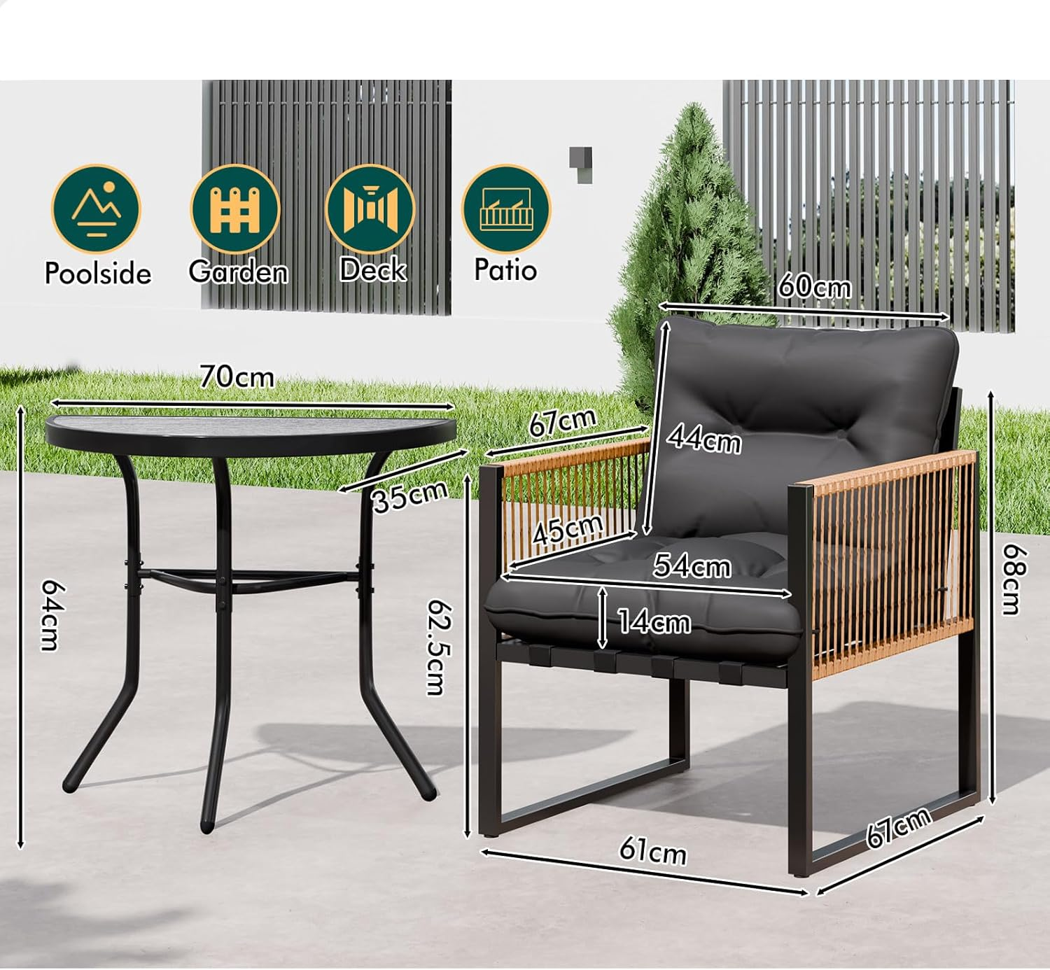 ALFORDSON 3 PCS Outdoor Patio Bistro Set, Lounge Chair & Side Table, Water-Resistant Cushions,Outdoor Table and Chair Set, 2X Armchairs and Semicircle Dia.70Cm, 64Cm(H) Coffee Table, Dark Grey image number 4