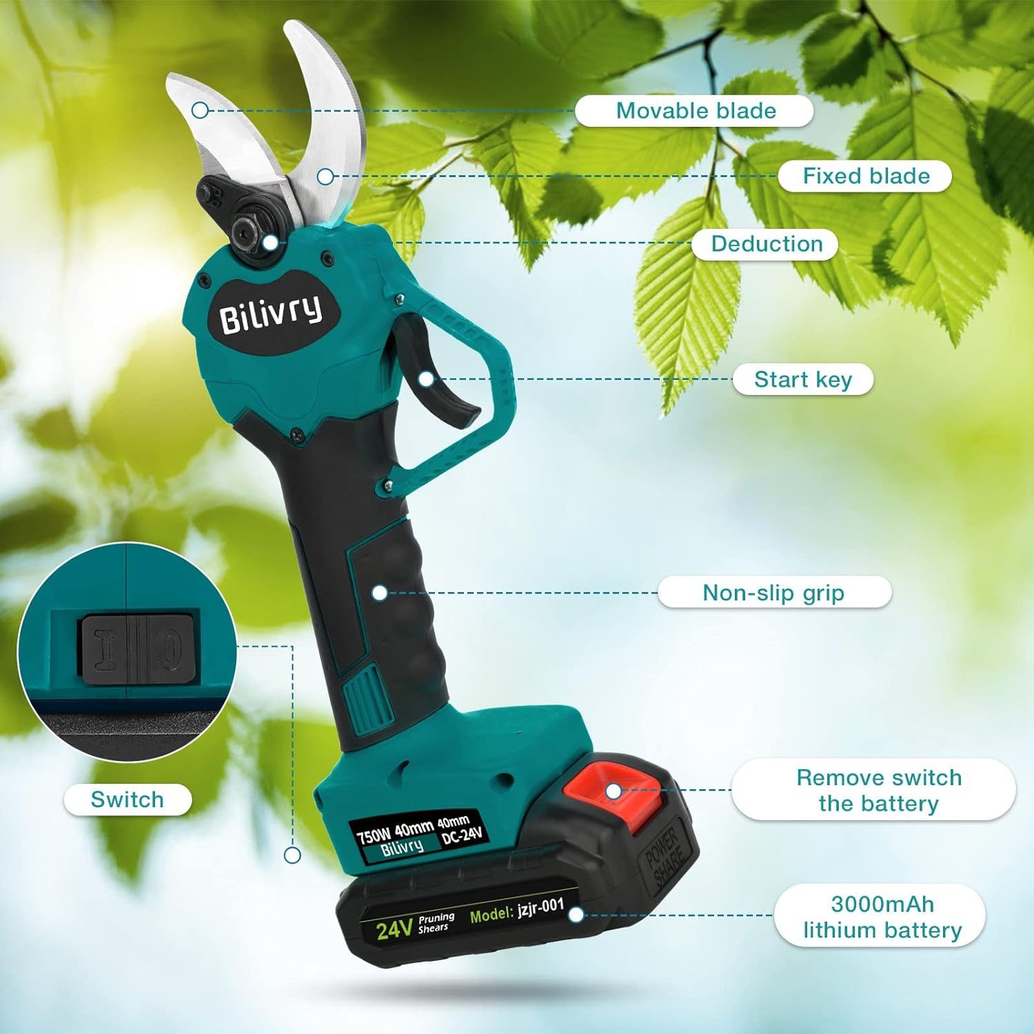 Electric Pruning Shears Cordless Secateurs - Tree Branch Cutter Electric Scissors Battery Pruning Shears Max 40Mm Cutting Diameter Professional Pruning Tools (Blue) image number 5