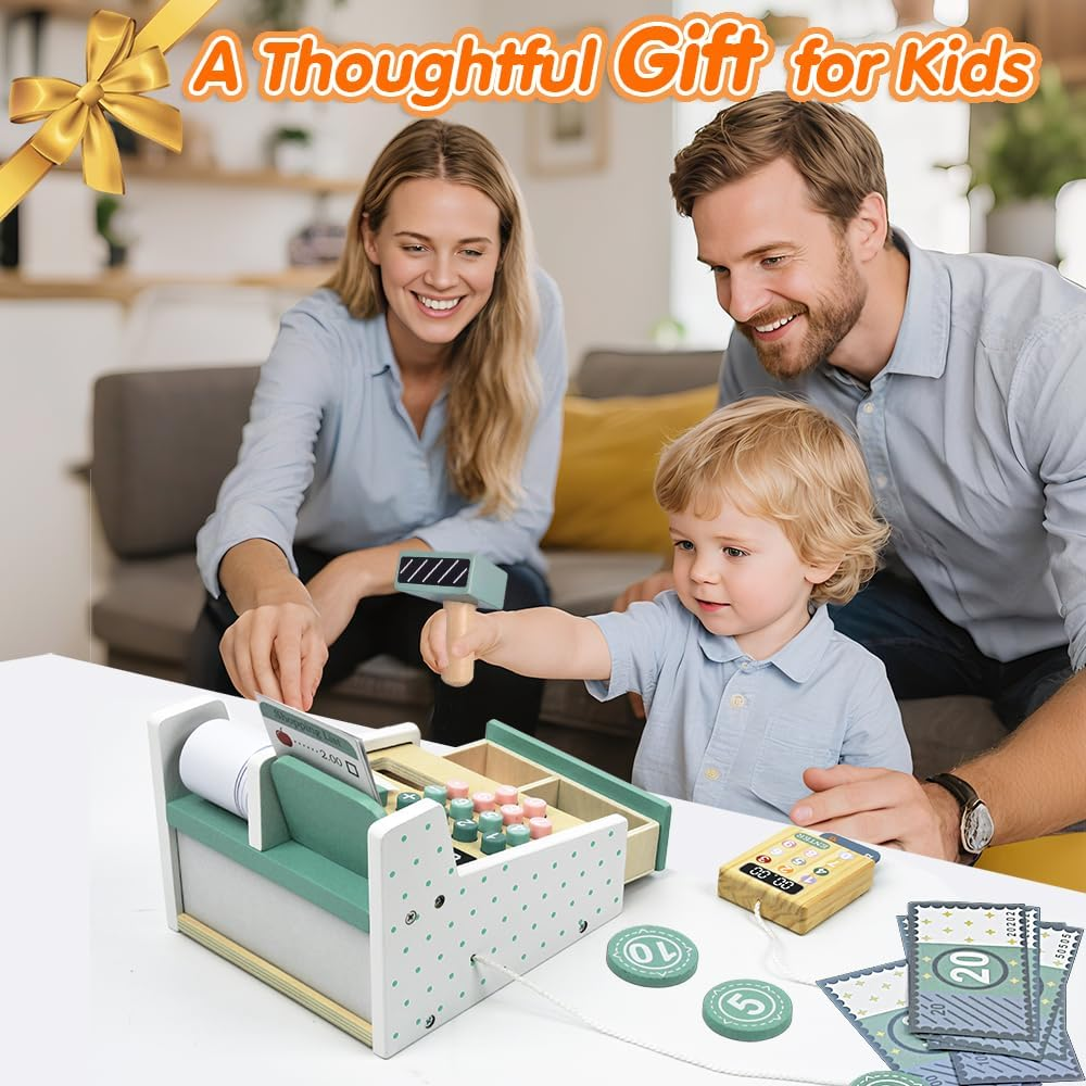 Wooden Cash Register Toy for Kids, Pretend Play Set with Scanner, Card Reader, Play Money & Shopping Lists, Ideal for Birthdays & Festivals, for Boys & Girls Ages 3+ image number 1