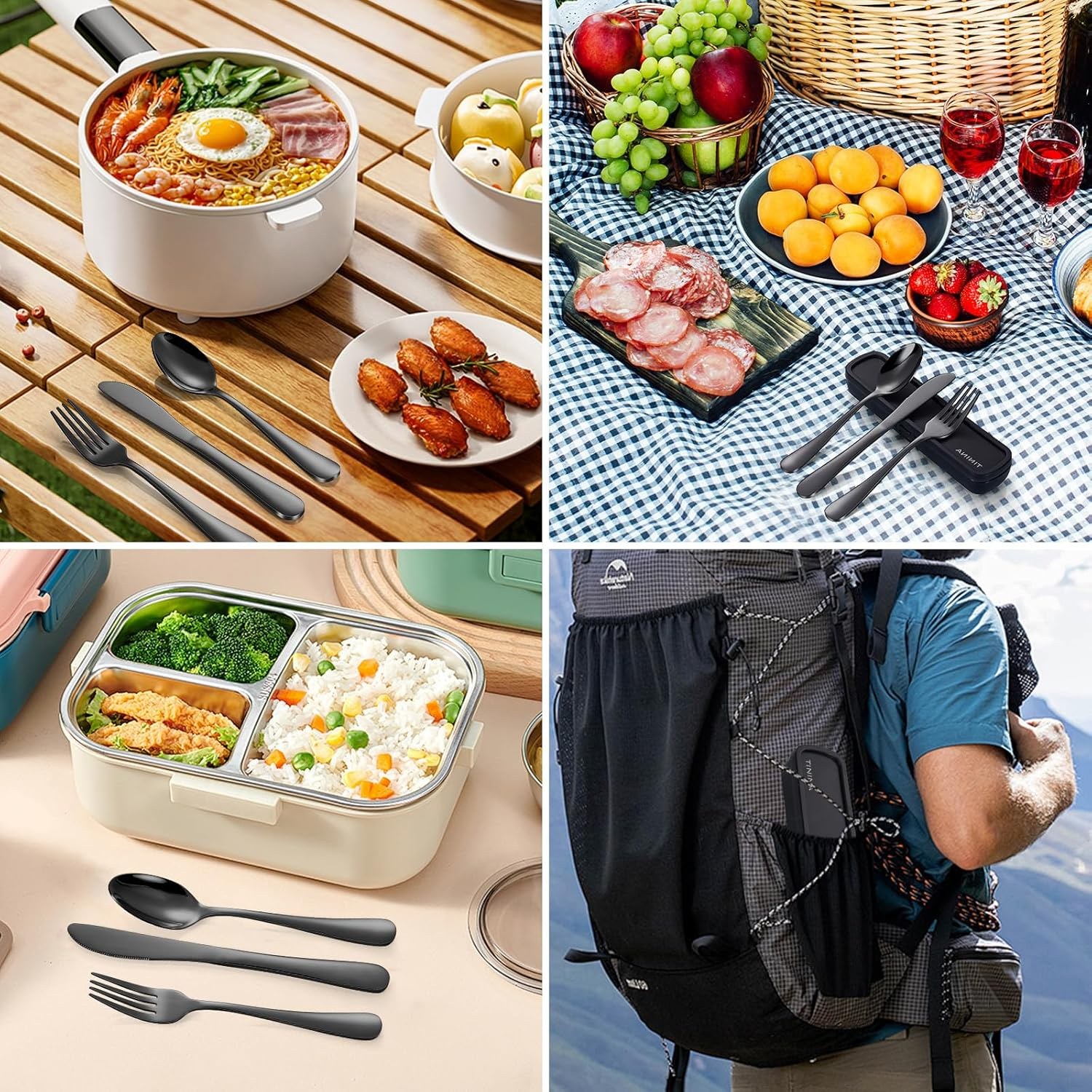 Travel Cutlery Sets with Case, 4-Piece Stainless Steel Portable Utensils, Reinforced Case with Buckle Design, Lunch Box for Camping Work School, Include Fork Spoon Knife, Dishwasher Safe, Black - Silver image number 2