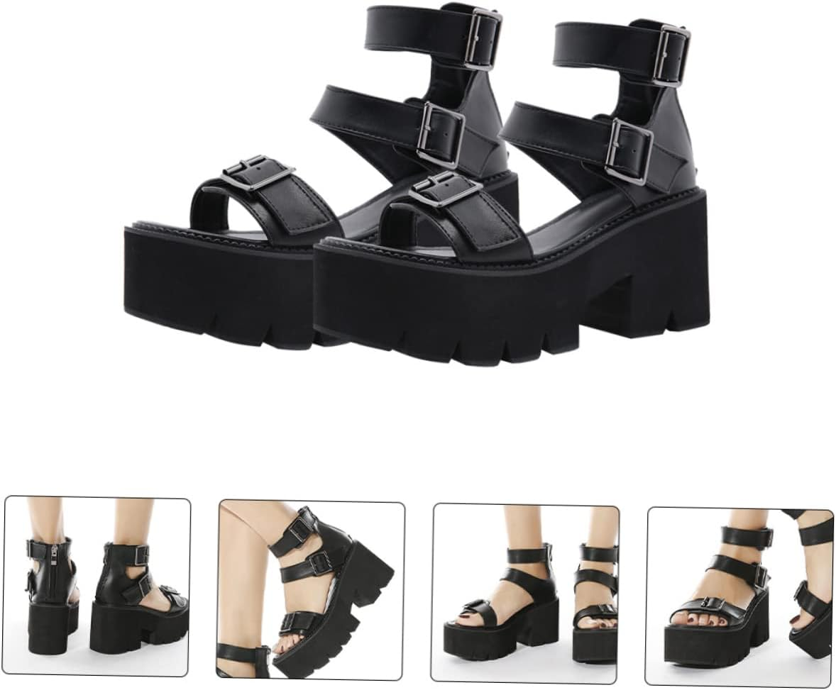 Healeved Women&rsquo;S Black Thick Sole Platform Sandals, Summer Chunky Heel Roman Style Footwear, Size 37, Cut-Out Design for Nightclub and Casual Wear image number 6