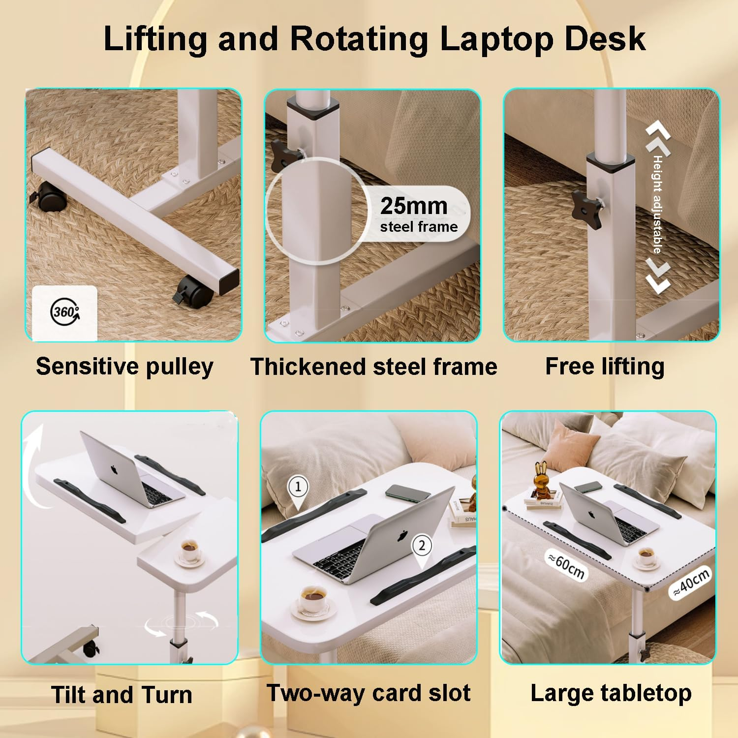 Lifting and Rotating Laptop Desk, Movable Bedside Tables with Rollers for Home and Office, Adjustable Computer Stand Couch Desk Table with Tiltable Tables Sofa Coffee Side Table