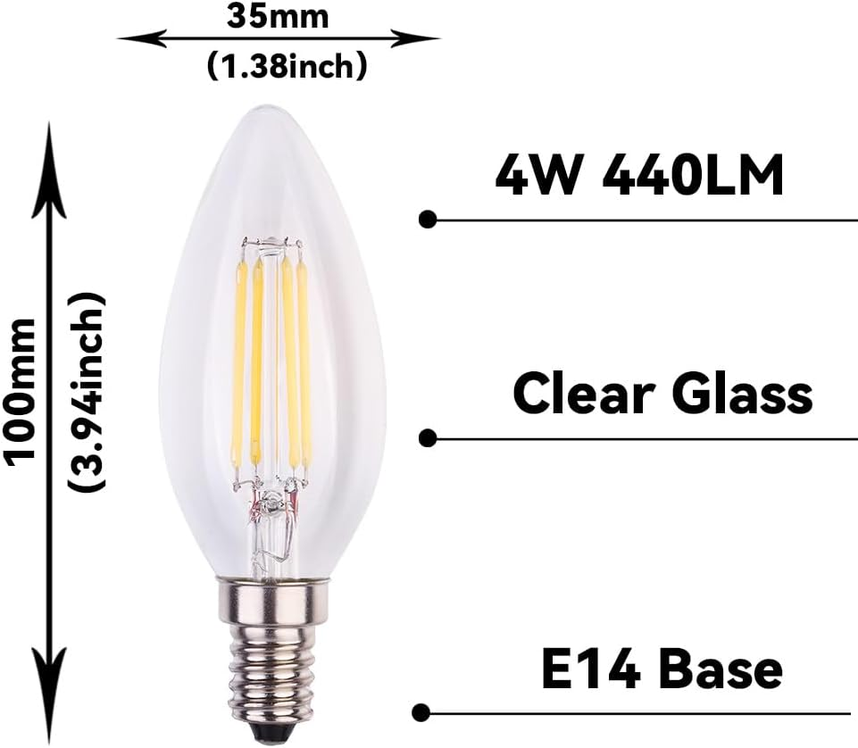 Geminilite E14 LED Light Bulbs Small Edison Screw 4W (Replacement for 40 Watt) Candelabra Light Bulb, 3000K Warm White C35 440LM E14 SES Not Dimmable Filament Chandelier LED 6 Pack image number 2