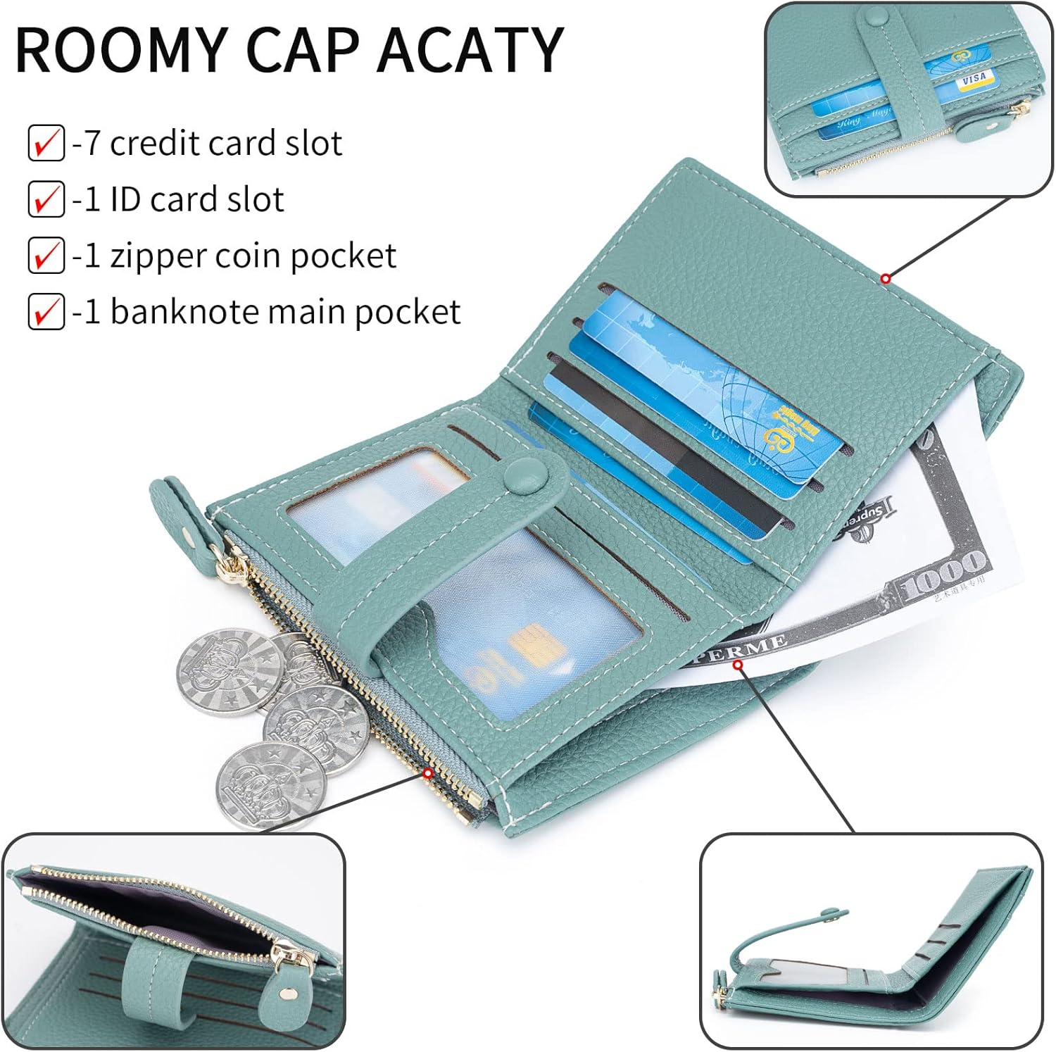 HKCLUF Small Wallets for Women,Zipper Leather Wallet Ladies Small Compact Bifold Credit Card Holder Coin Purse with ID Window, B4-Green, Small Wallet, Minimalist image number 6