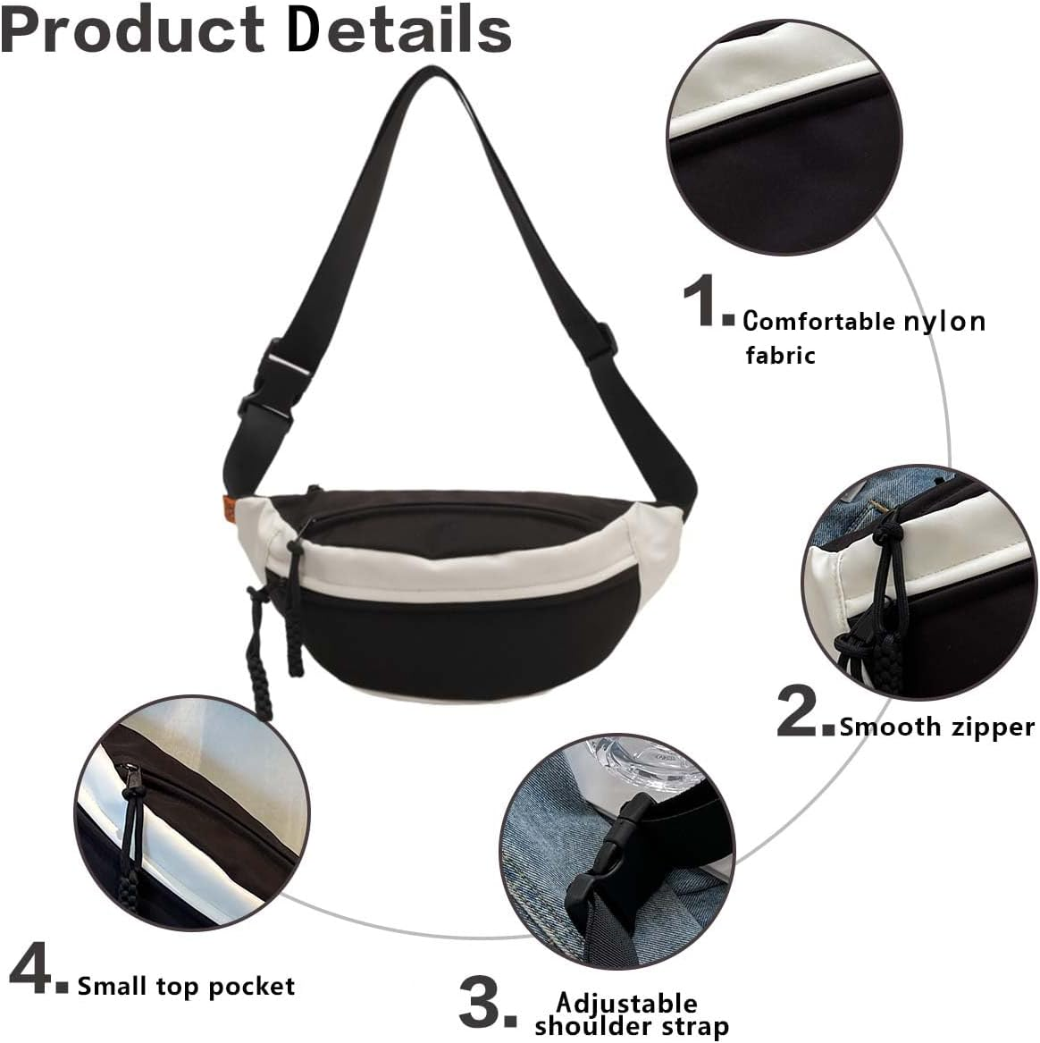 Men and Women'S Oxford Belt Bags Shoulder Bag with Adjustable Shoulder Strap and Zipper Pockets for School and Travel-Black image number 5