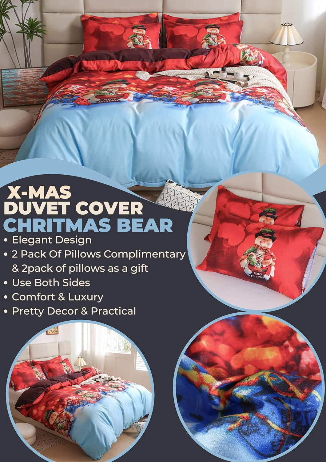 Father Christmas Royal Santa Claus Merry Santa Xmas Duvet Quilt Cover & Pillowcase Bedding Set Multi-Colour Snowman Presents Set Ultra Soft Easy Care, Modern Design (Christmas Bears, Single) image number 2