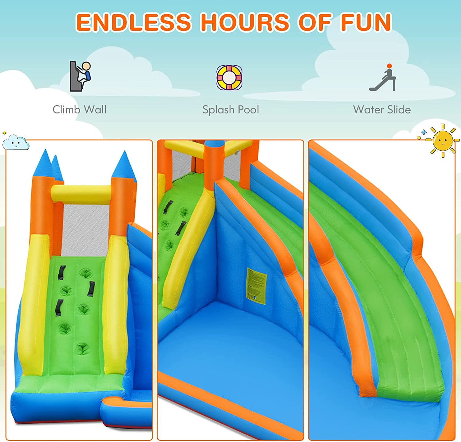 HONEY JOY Inflatable Water Slide Bouncer, Children Wet & Dry Bounce House with Climbing Wall, Long Slide, Splash Pool, Inflatable Water Park W/Oxford Carry Bag, Repairing Kit, Stakes (Without Blower) image number 2