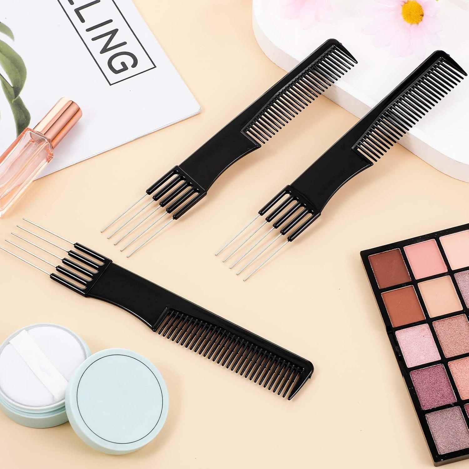 Thinp 3 Packs Comb with Metal Pick,Teasing Comb Pick Comb Lifting Fluffing Comb with 5 Stainless Steel Pins Hair Picks for Women Teasing Comb for Fine Hair Women Most Hair Types(Black) image number 2