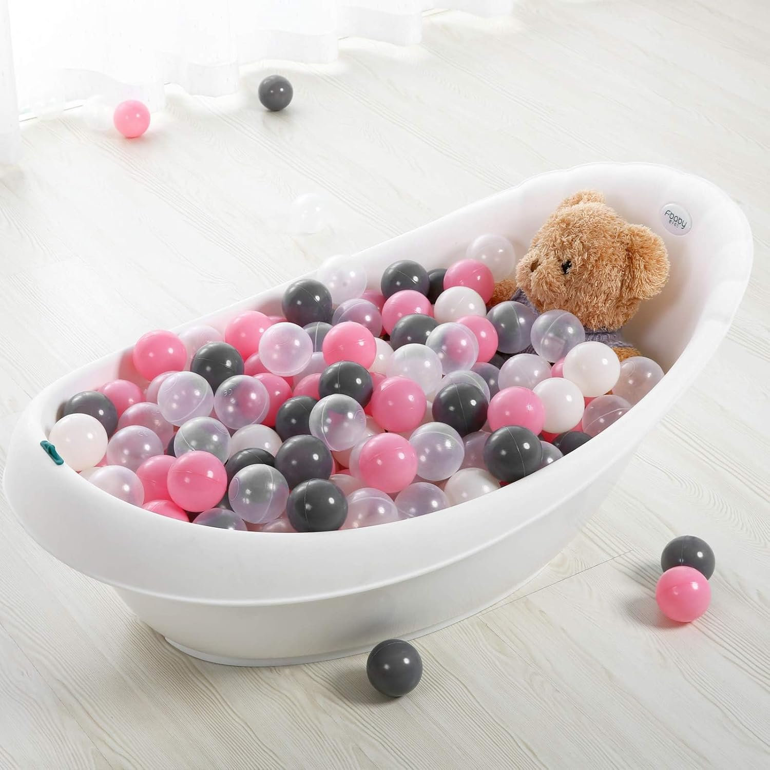 Playmaty Colorful Ball Pit Balls - 100 Pieces Phthalate Free BPA Free Plastic Ocean Balls Crush Proof Stress Balls for Kids Playhouse (Pink/Gray/Whtie/Clear) image number 3