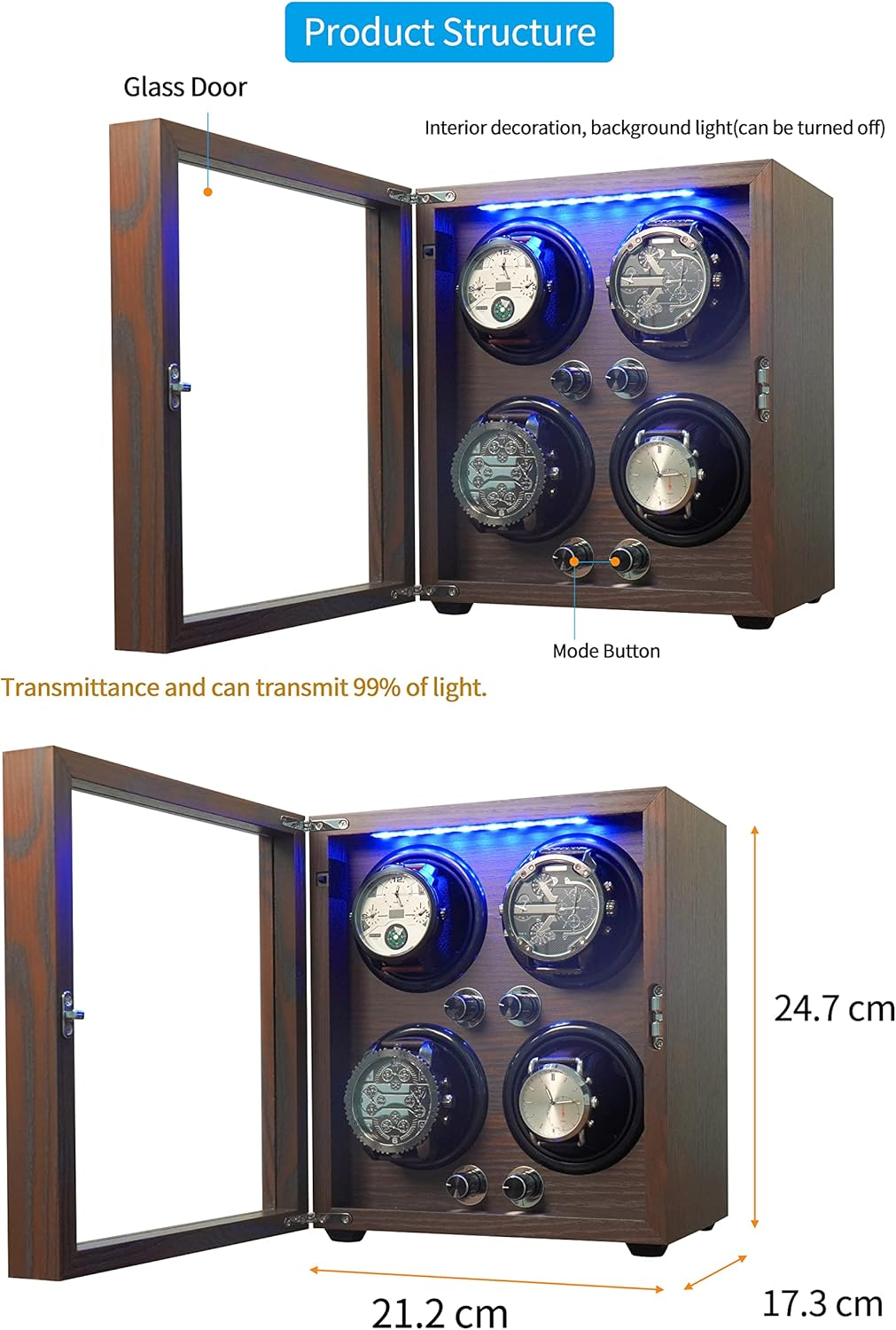 ORYX Watch Winder 4 for Automatic Watches Box, Watch Rotator for Large Watches with LED Light, Rotating Watch Case, Watch Shaker, USB Powered Super Quiet Mabuchi Motor image number 5