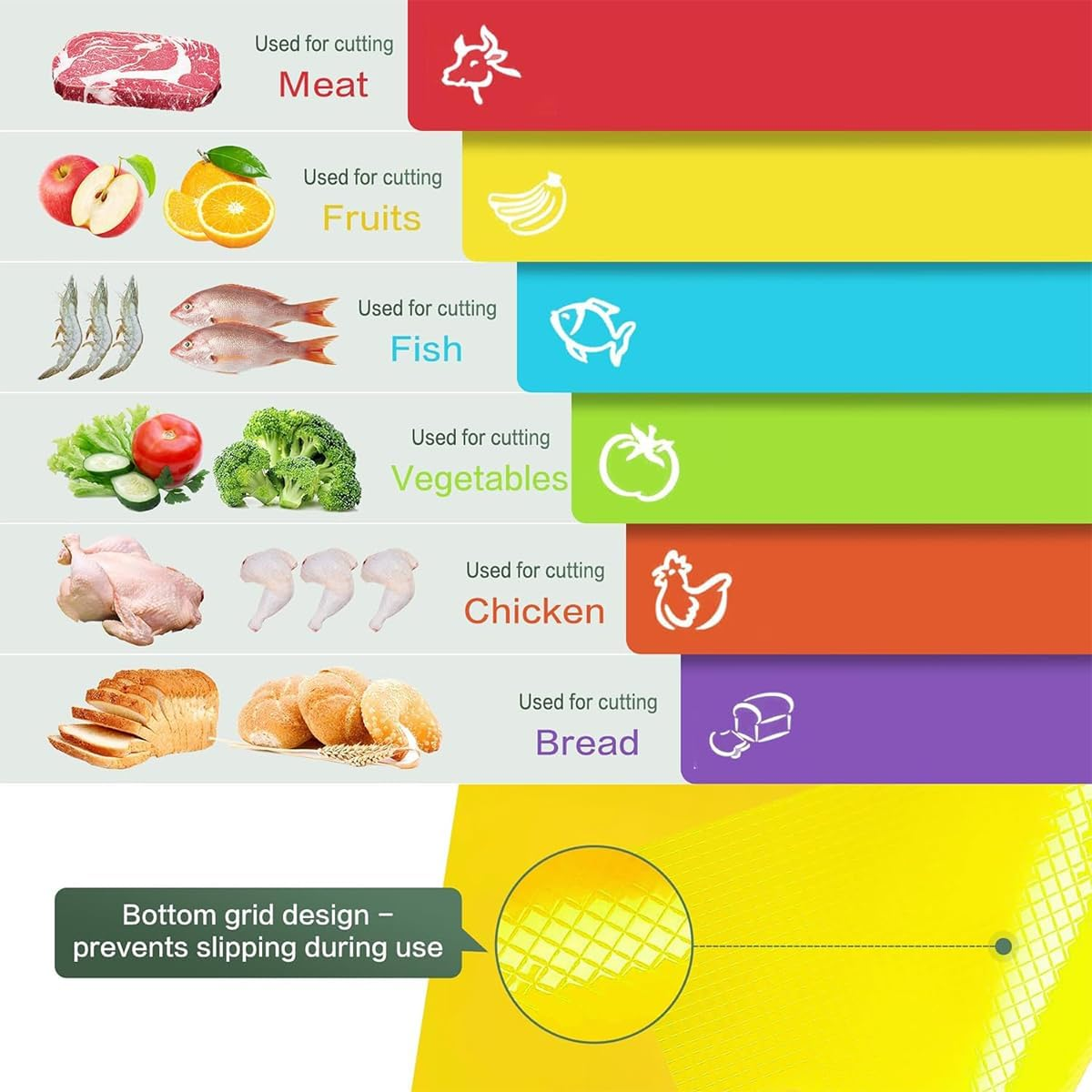 Large Bamboo Chopping Board with 6 Color-Mats, Flexible Colour Coded Cutting Boards Mats Set with Food Icons & Easy-Grip Handles, for Bread, Vegetables, Fruits, Meats, Fish image number 2