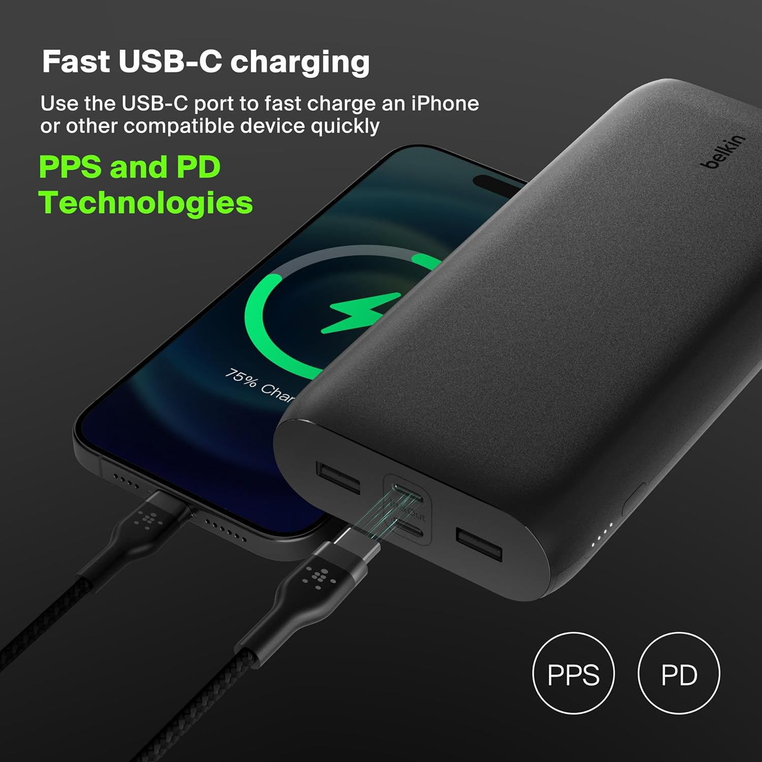 Belkin Boostcharge 4-Port Power Bank 26K W/Usb-C & USB-A Ports, Fast Charge USB-C Power Delivery, Portable Iphone Charger for Iphone 15, 14, 13, 12, Ipad Pro, Galaxy S23, S23 Ultra, S23+ - Black image number 4