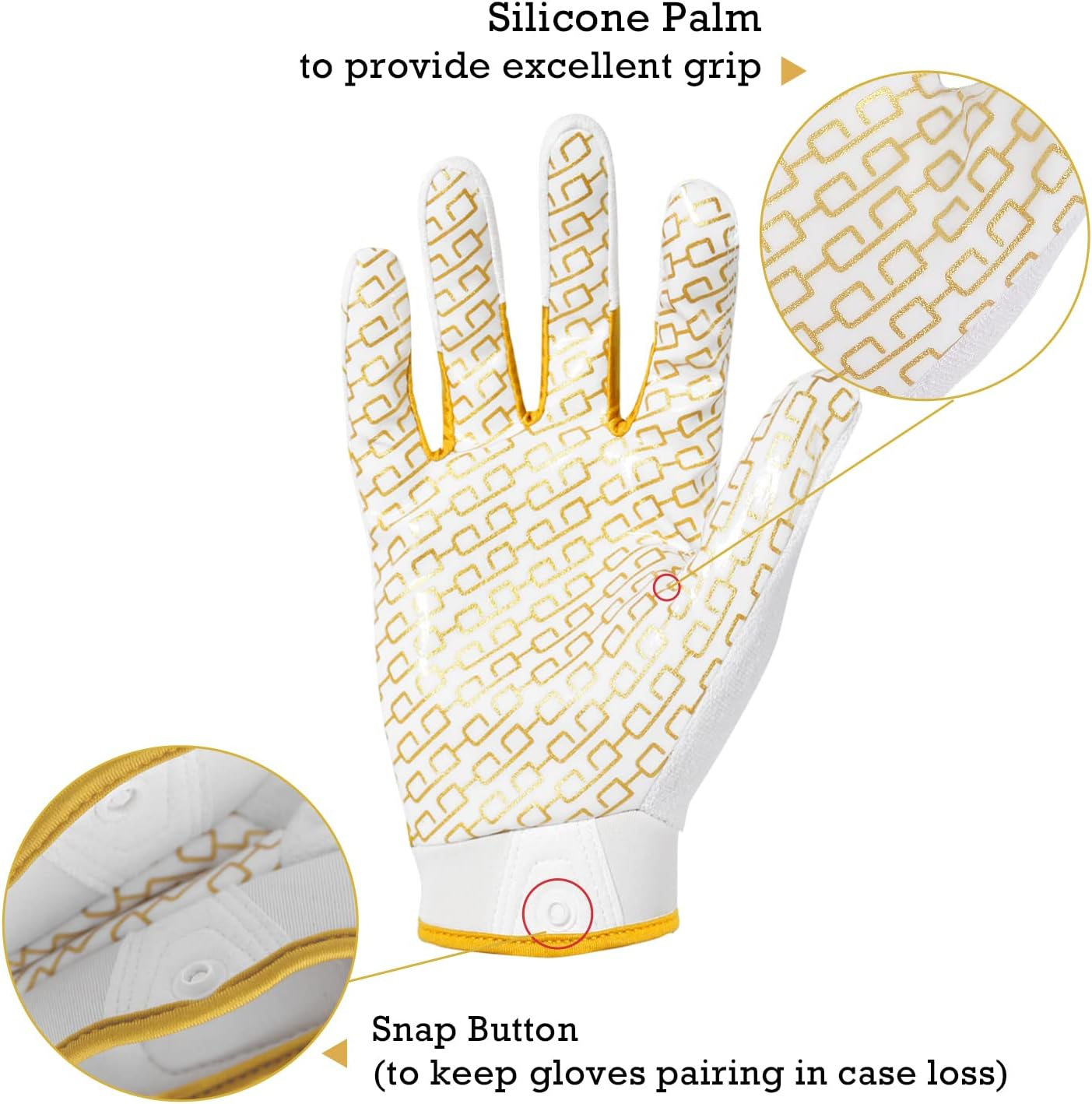 HANDLANDY Youth Football Gloves, Sticky Wide Receiver Gloves for Kids & Adult, White and Gold Stretch Fit Football Gloves (Small) image number 4