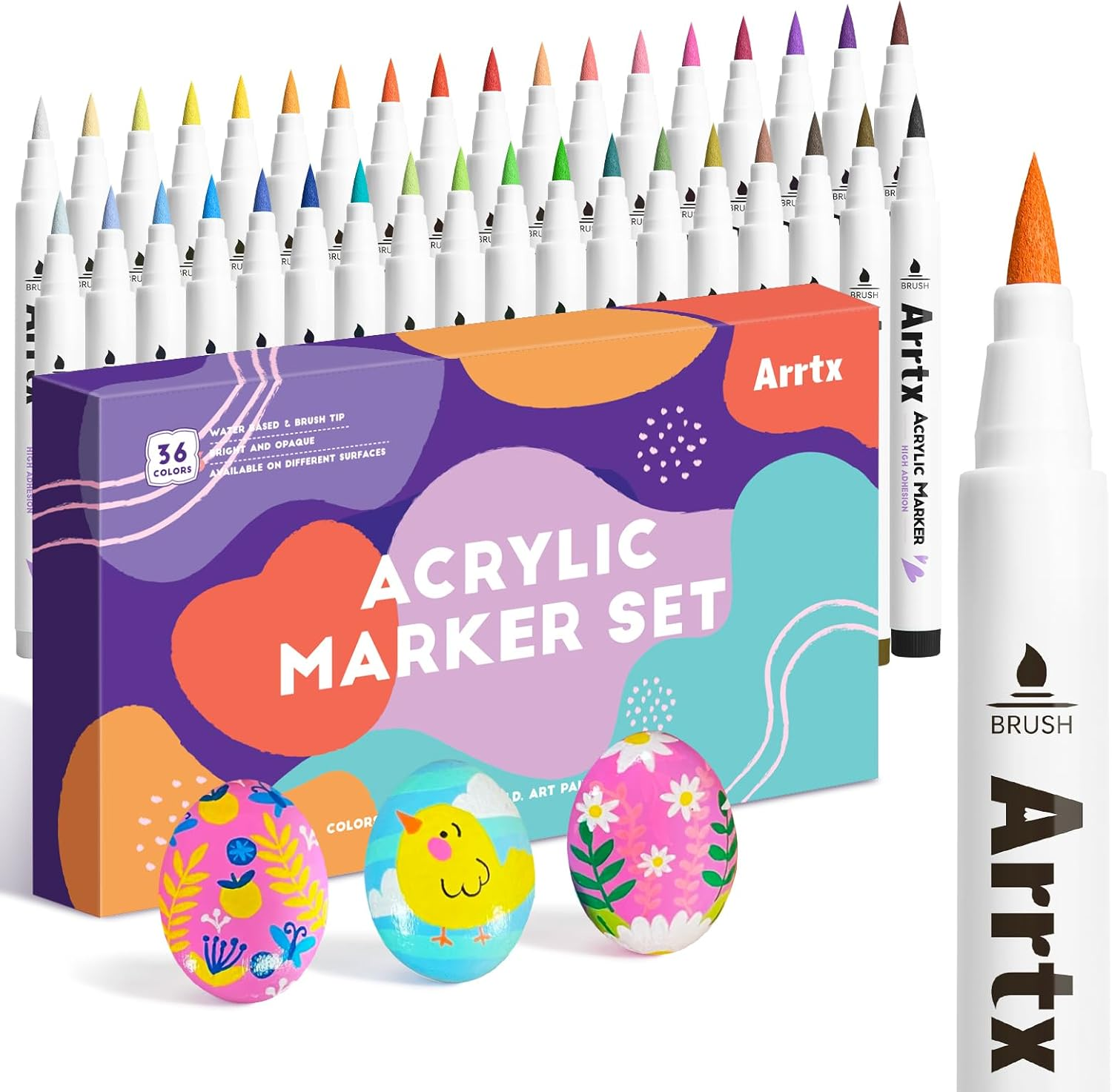 Arrtx 36 Colors Acrylic Marker for Rock Painting, Extra Brush Tip Paint Markers, Art Supplies, Fabric Markers, Waterproof Paint DIY Crafts Making image number 6
