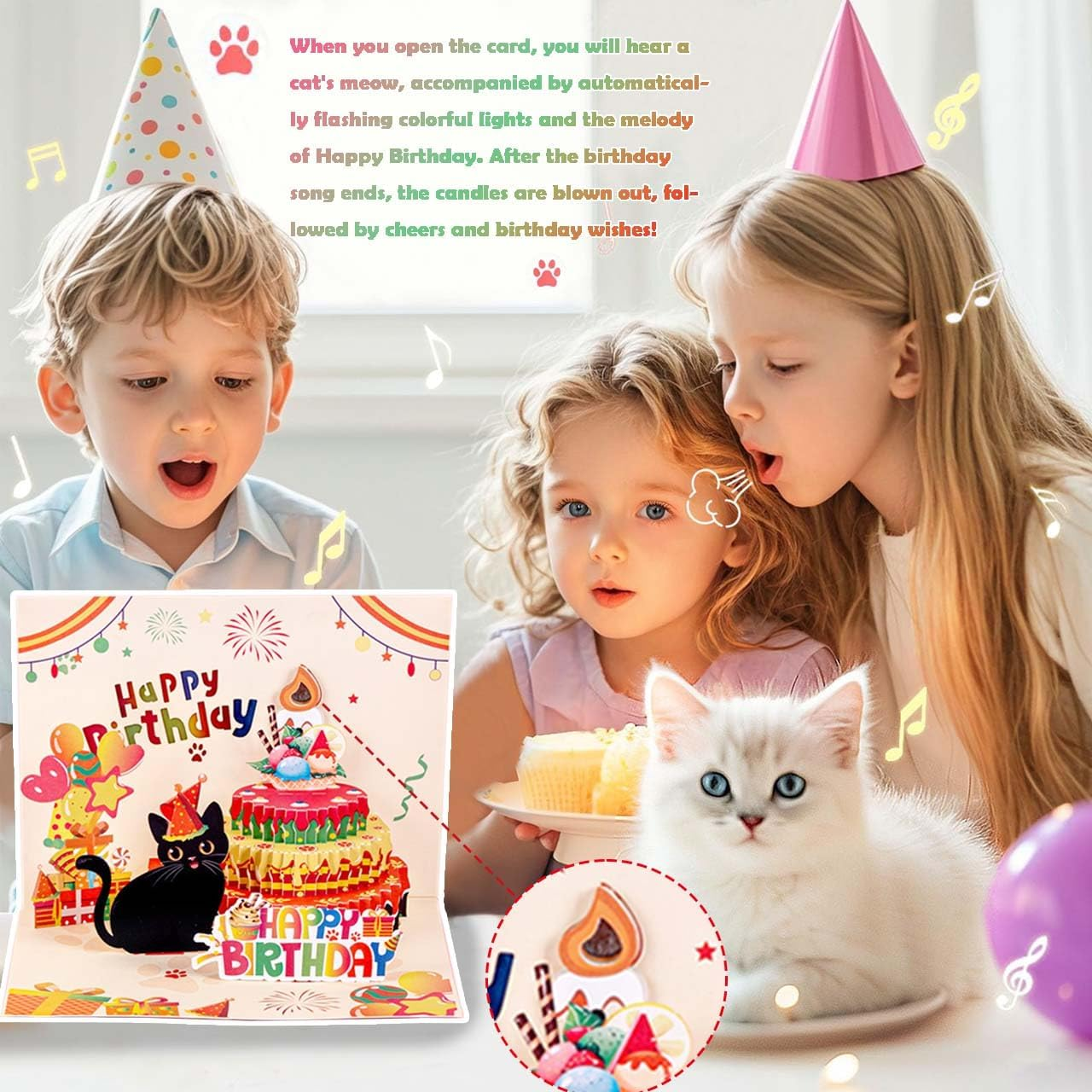 Musical Birthday Card with Lights,3D Happy Birthday Card with "Cat Meowing" and "Happy Birthday to You" Song &ldquo; for Men, Women, Kids, Family, and Friends image number 4