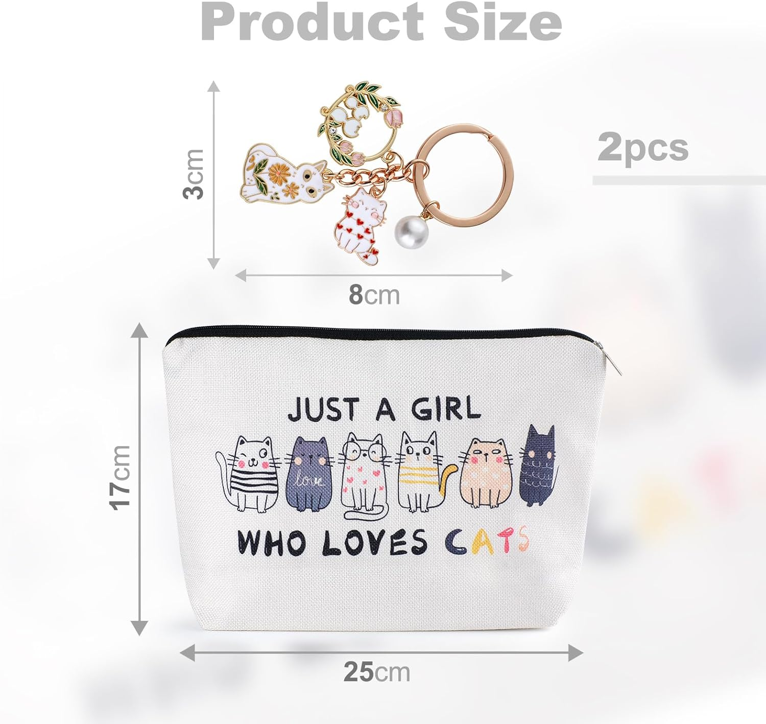 2 PCS Cat Bag for Women - Personalised Makeup Bag Set with Keyring, Themed Travel Cosmetic Zipper Pouch, Cute Keychain for Car Keys/Purses/Handbags image number 4
