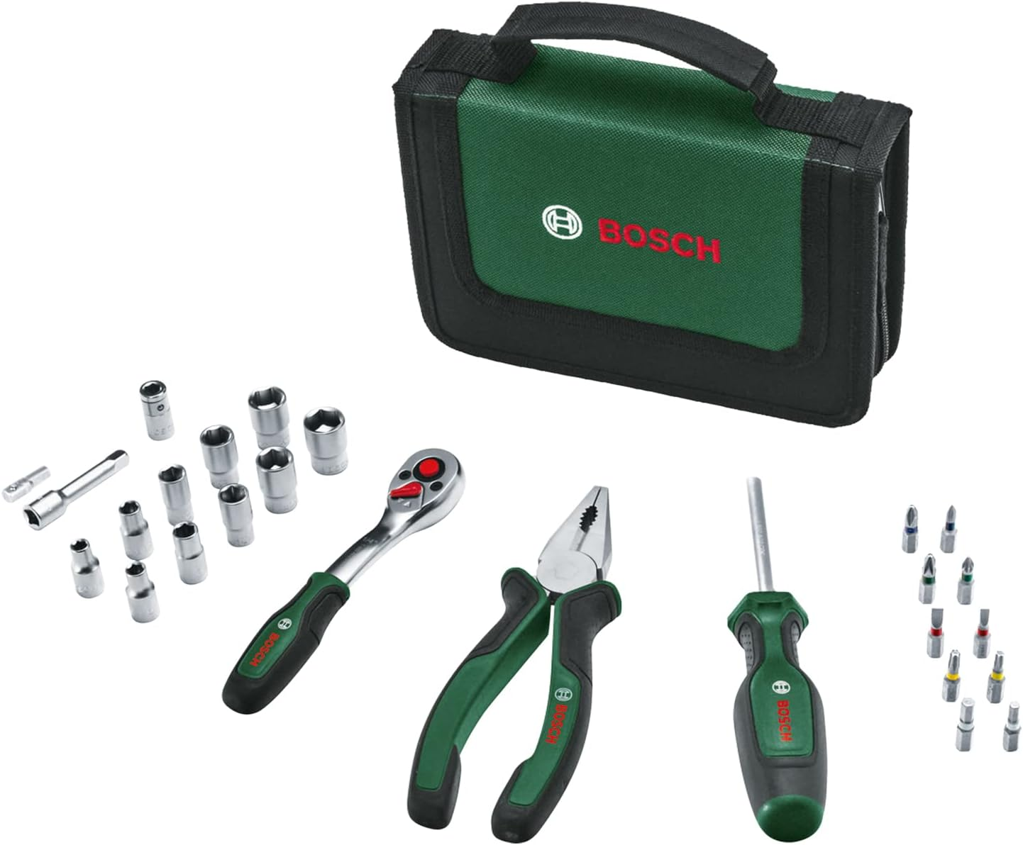 Bosch Home & Garden Mobility Hand Tool Set 26-Piece (Compact and Portable Tool Kit for DIY Tasks; Optimal Choice on the Road; 1/4" Ratchet; Combination Pliers; Universal Screwdriver; in Fabric Bag) image number 2