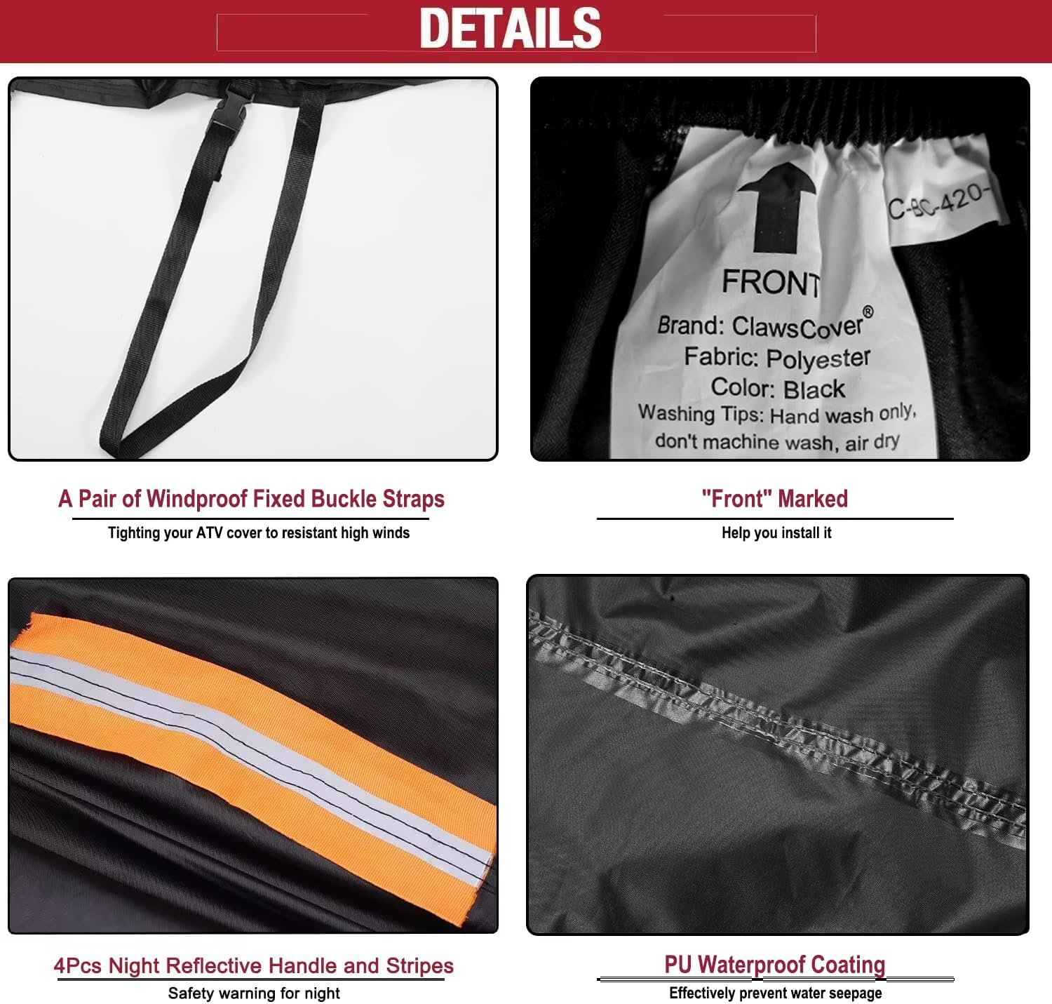 Clawscover 116" XXXL Motorcycle Covers Waterproof Outdoor,Heavy Duty Fadeless 420D Polyester Cloth All Season Anti-Uv Touring Scooter Cover Accessories,For Harley Davidson Honda Kawasaki Yamaha Suzuki image number 4