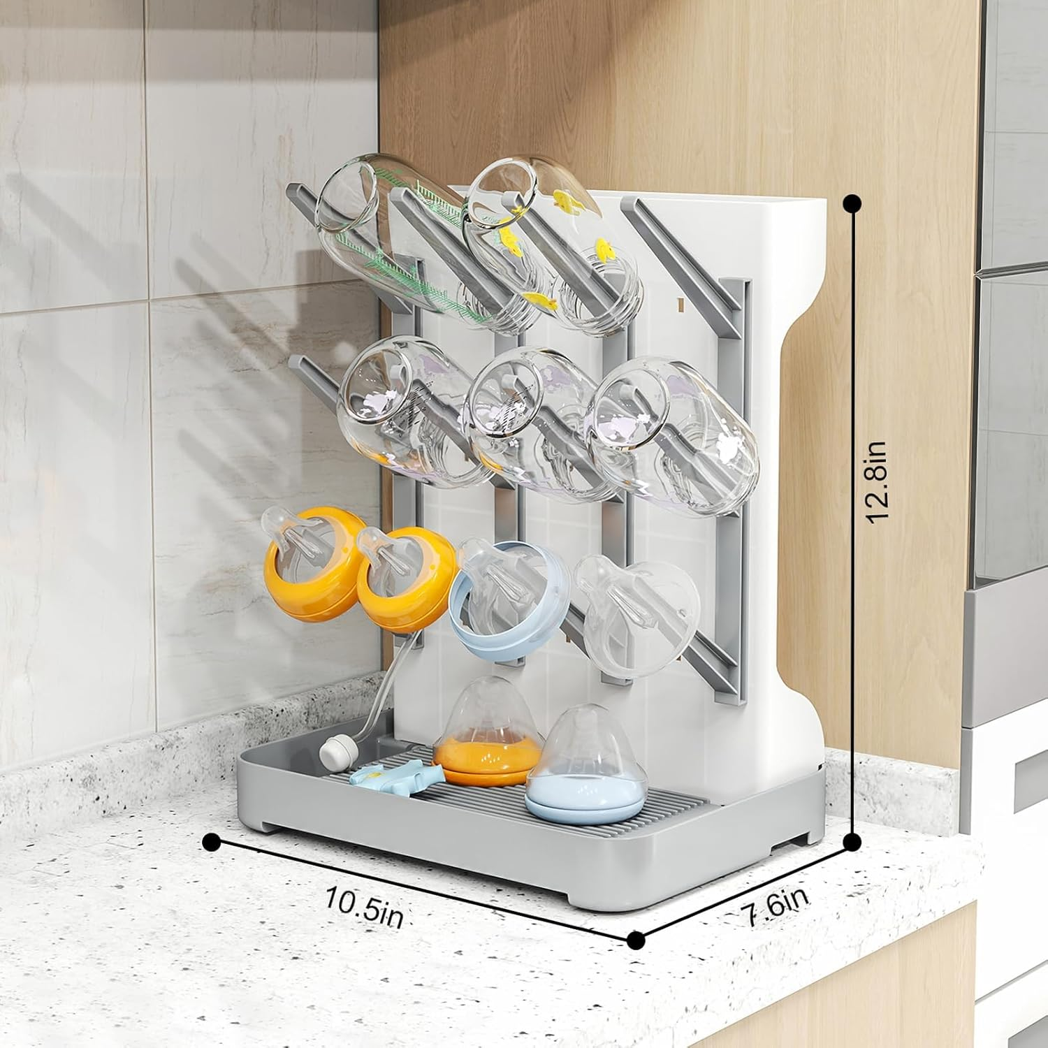 Baby Bottle Drying Rack, Space Saving Vertical Bottle Dryer Holder - Baby Accessories Storage Stand Organize Brushes Pacifiers on Countertop - Bpa-Free - Grey - Blue image number 4