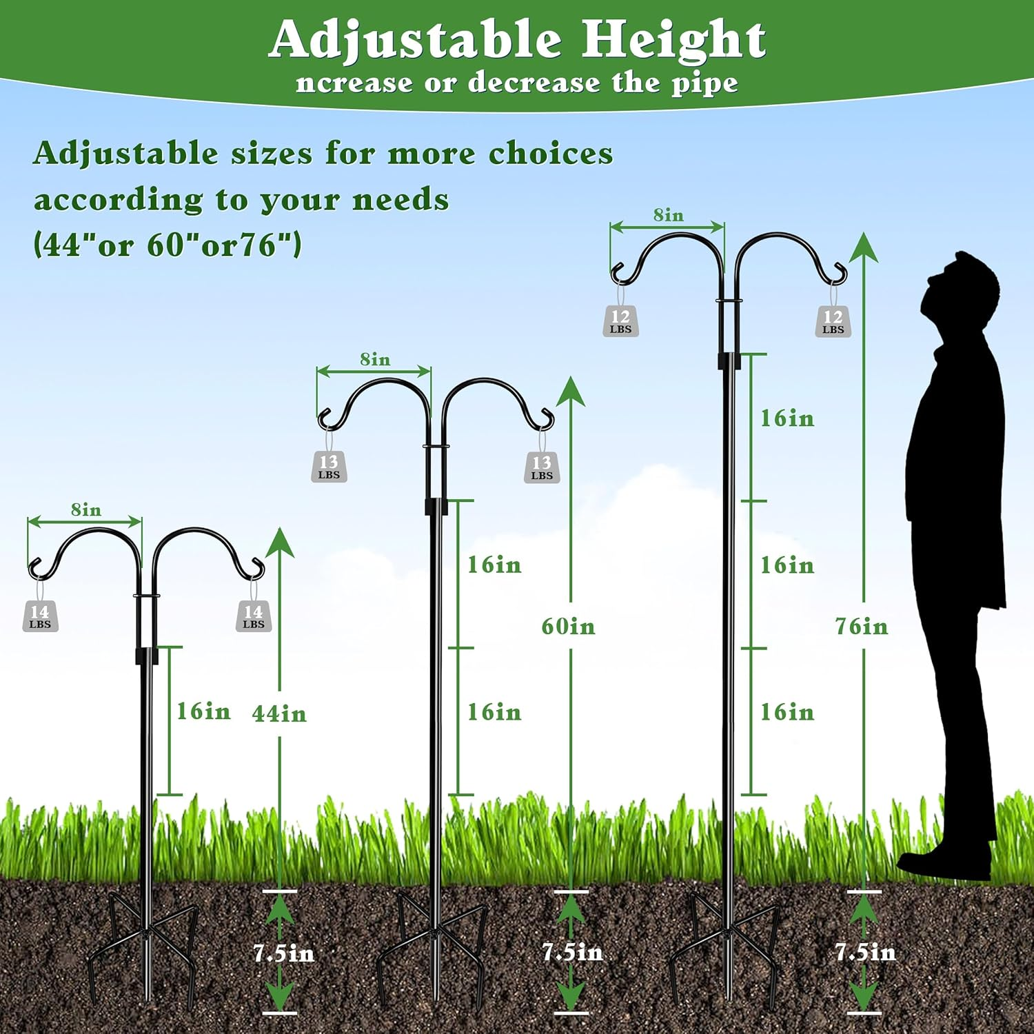 Double Shepherd Hooks for Outdoor, XICEN 79 Inch Heavy Duty Bird Feeder Pole for Hanging Bird Feeder, Garden Hooks Plant Baskets, Garden Plant Hanger Stands with 5 Prong Base image number 5