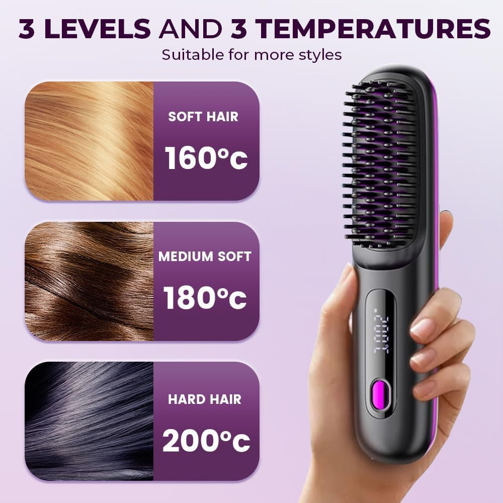 2026 Upgraded Cordless Hair Straightener Brush, Fast Heating Portable Hair Straightener Comb for Women Travel Essentials 3 Adjustable Temperature