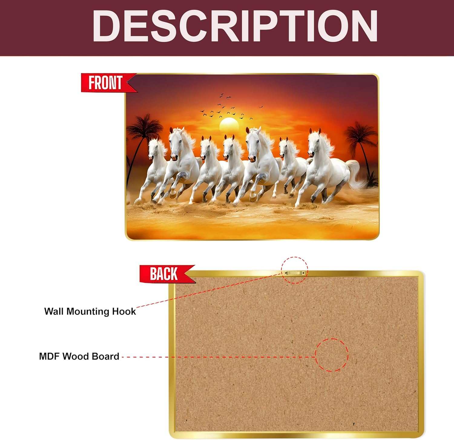 Rousrie 7 Horses Realistic Painting with Frame for Wall Vastu | Seven Running Horse Painting for Wall Decor Living Room Decoration | Big Size Photo Frame | 47 by 32 Cm image number 3