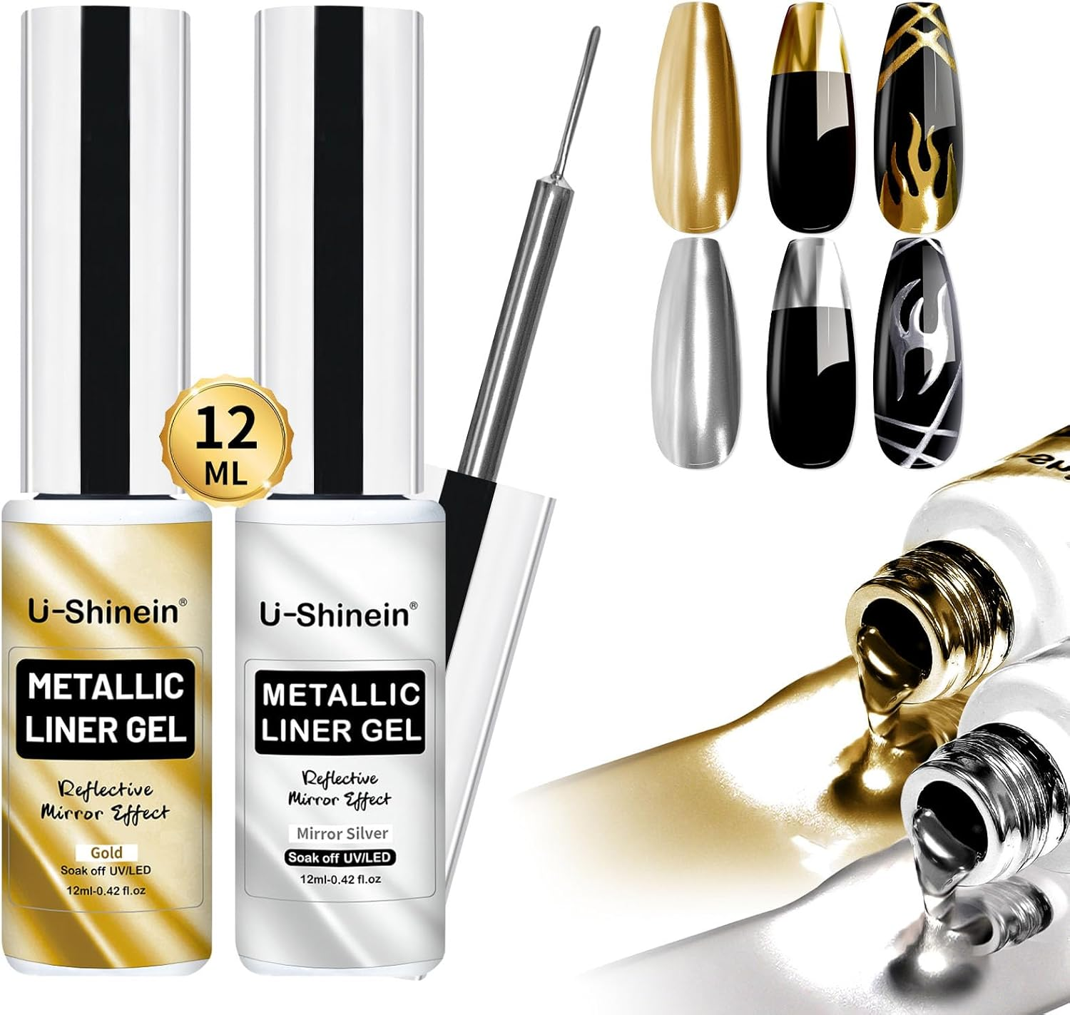 U-Shinein Metallic Mirror Painting Gel Nail Polish, Ultra Mirror Silver & Gold Metal Painted Drawing Gel with Build in Thin Brush, Chrome Gel Polish Nail Art Gel Liner Soak off DIY Nail Art 2X12 Ml