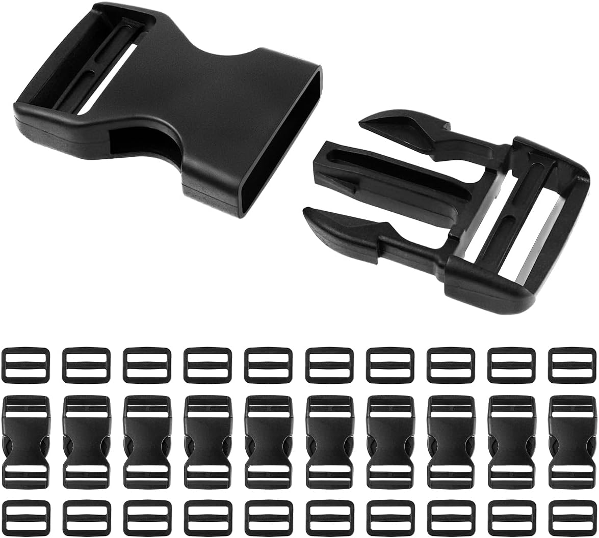 10 Set 1 Inch Buckles for Straps with 20 Pcs Tri-Glide Slide Clip, Quick Side Release Plastic Buckle Clip, Fit 1 Inch Wide Nylon Webbing Canvas Strap (Black), Black image number 1