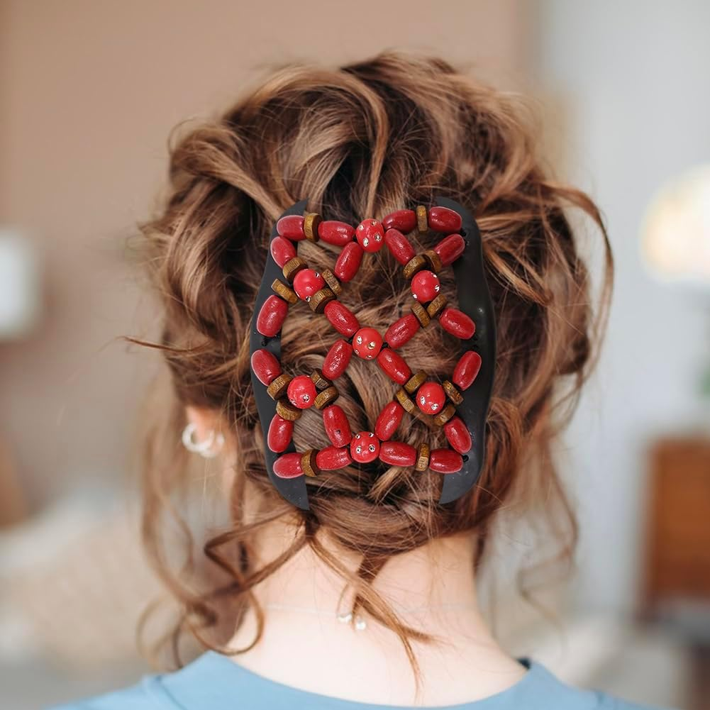 Umibow 4 Pcs Stretchy Magic Hair Combs for Women Double Comb Hair Clip Elastic Wood Beaded Hair Bun Maker Magic Hair Side Combs for Curly Thick Wavy Hair image number 3