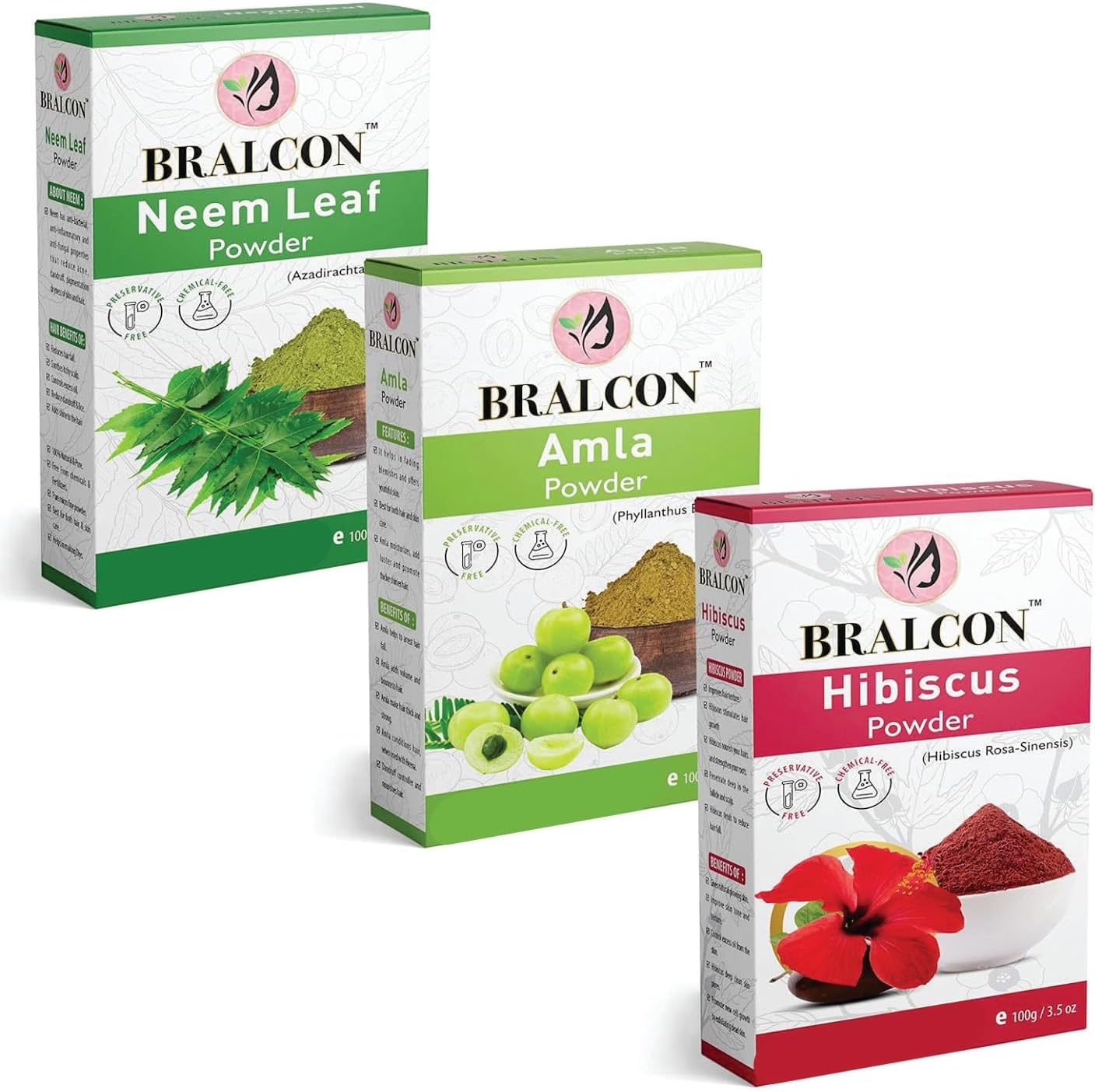 BRALCON Organic Neem, Amla, Hibiscus Flower Powder Combo-300G (100G X 3 Pack)|Neem Leaf Powder, Amla/Gooseberry Powder, Hibiscus Powder for Face, Skin Whitening| Hair Conditioning, Hair Growth image number 3