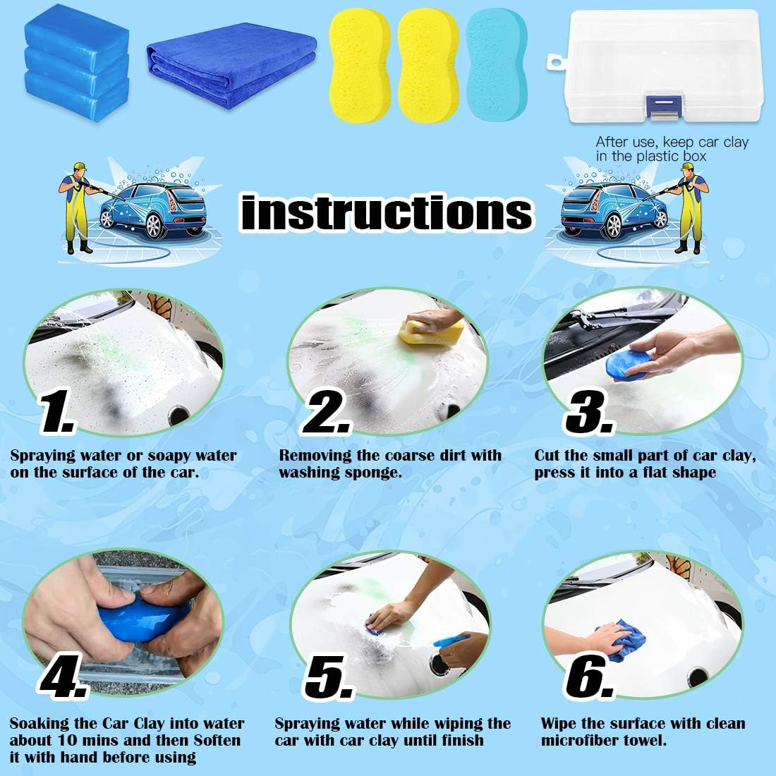 Glarks 8Pcs Clay Bar Car Detailing Clay with Premium Microfiber Washing Towel and Car Wash Sponges for Cleaning Oxidation, Scale, Bird Feces, Iron Powder, Acid Rain, and Sap on Car and Glass image number 3