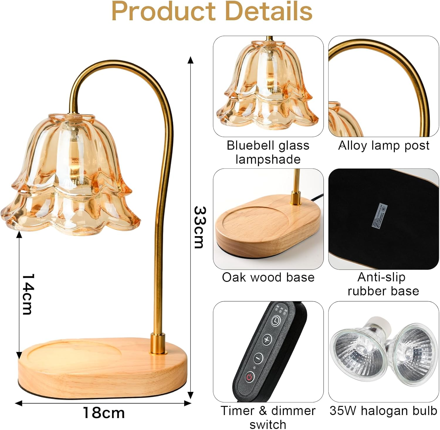 Candle Warmer Lamp AU Plug&ndash; Adjustable Dimmable 35W Light with Timer, Vintage Bluebell Lamp, Safe Design for Wax Melts & Jar Candles, Home Decorative Floral Night Light for Bedroom Birthday Gift image number 3