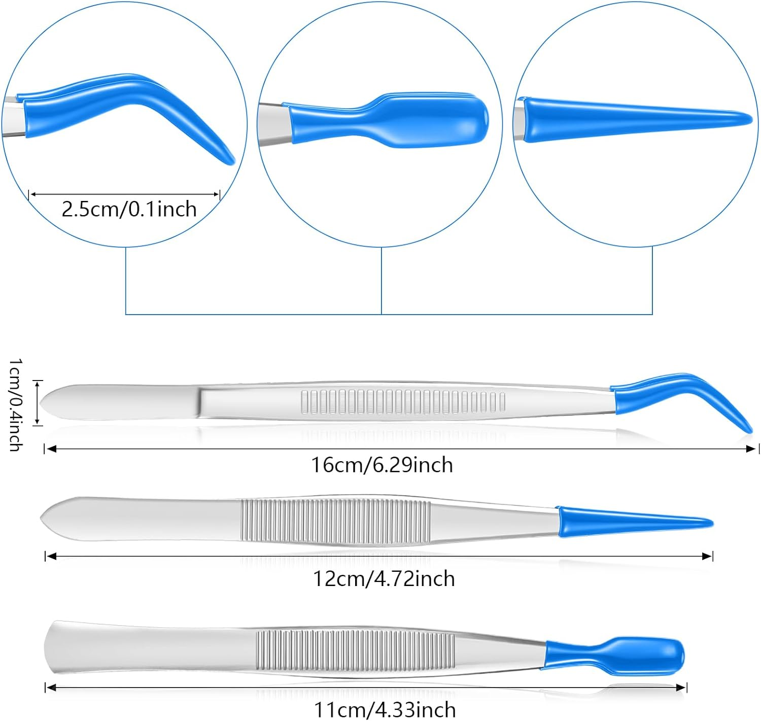Honoson 3 Pieces Tweezers with Rubber Tips PVC Coated Set Rubber Straight Flat Tip Long Bent Tweezers for Crafts Stamps Beads Jewelry Tools(Blue) image number 5