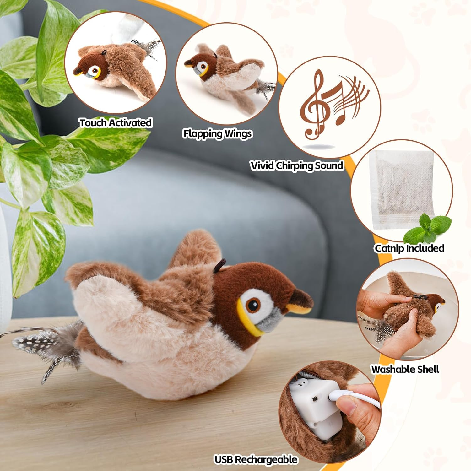 LIFLIX Interactive Cat Toys, Rechargeable Chirping Flapping Bird(No Flying) with Catnip for Indoor Cats, Plush Kitten Exercise Toys, Touch Activated (Brown Sparrow) image number 5