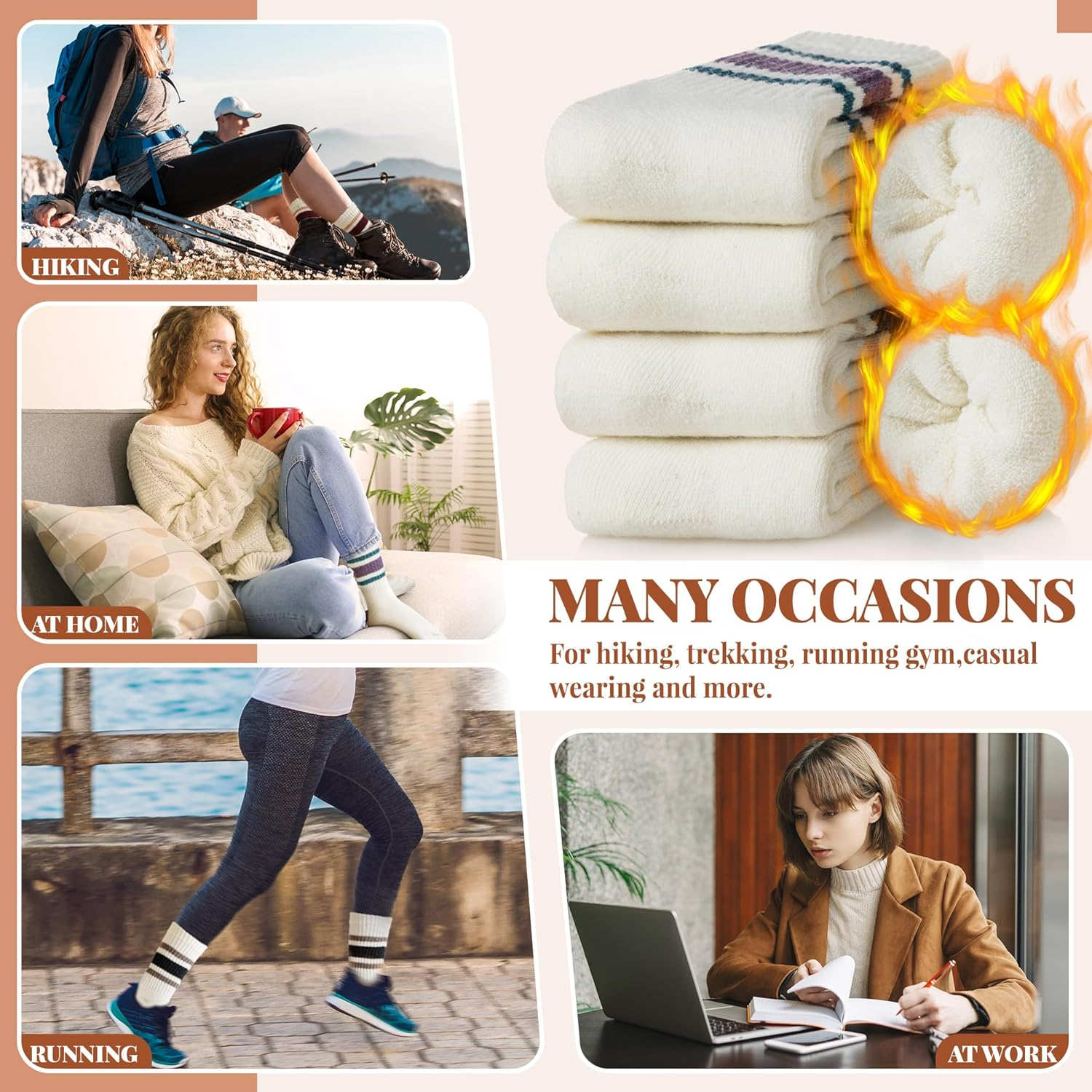 Merino Wool Socks for Women 5 Pairs Warm Winter Hiking Thick Thermal Cozy Boot Work Soft Ladies Crew Socks image number 4