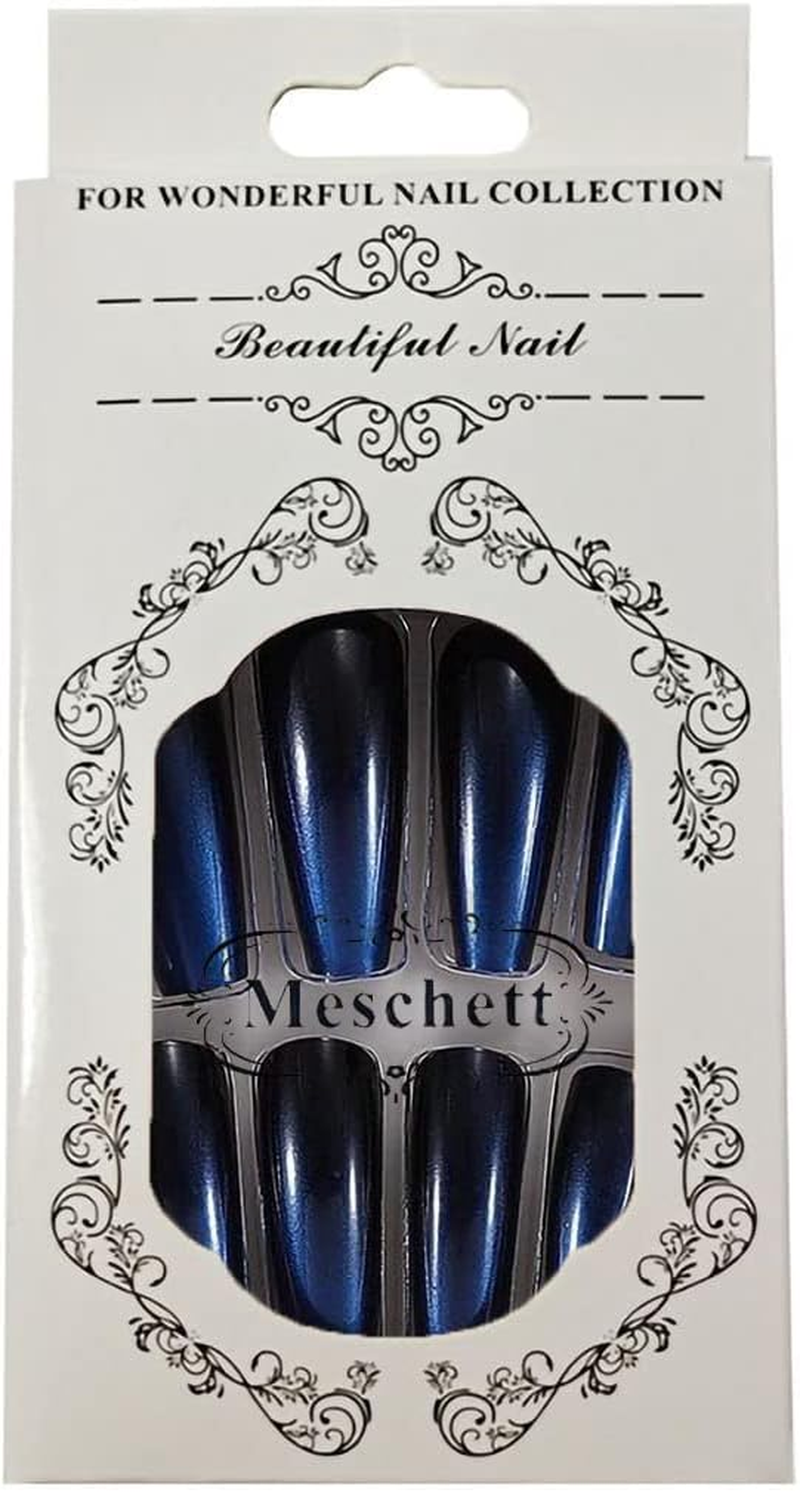 24PCS Extra Long Black Blue Press on Nails,Glossy Gradient False Nail Full Cover Coffin Ballerina Nails Tips for Women Girls Party Salon image number 6