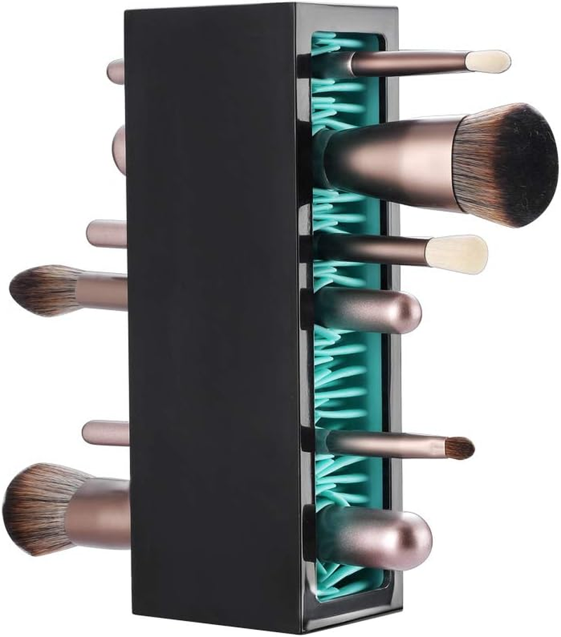 Makeup Brushes Holder Organizer, Silicone Vanity Air Drying Rack Display Storage for Brush, Eyeliners and More, Practical Cosmetic Tools Container (Blue-Black)