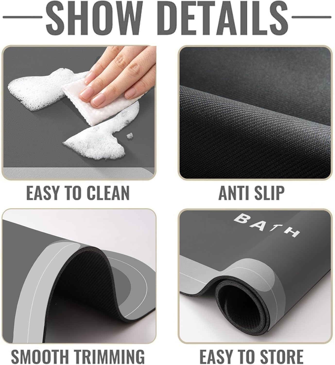 Bath Mat Bath Rugs Non-Slip Bathroom Rugs Super Absorbent Shower Mats Quick Dry Thin Rubber Mats for Bathroom, Washable Shower Floor Mats for Bathtub and Sink (Light Grey 40 X 60 Cm) image number 1